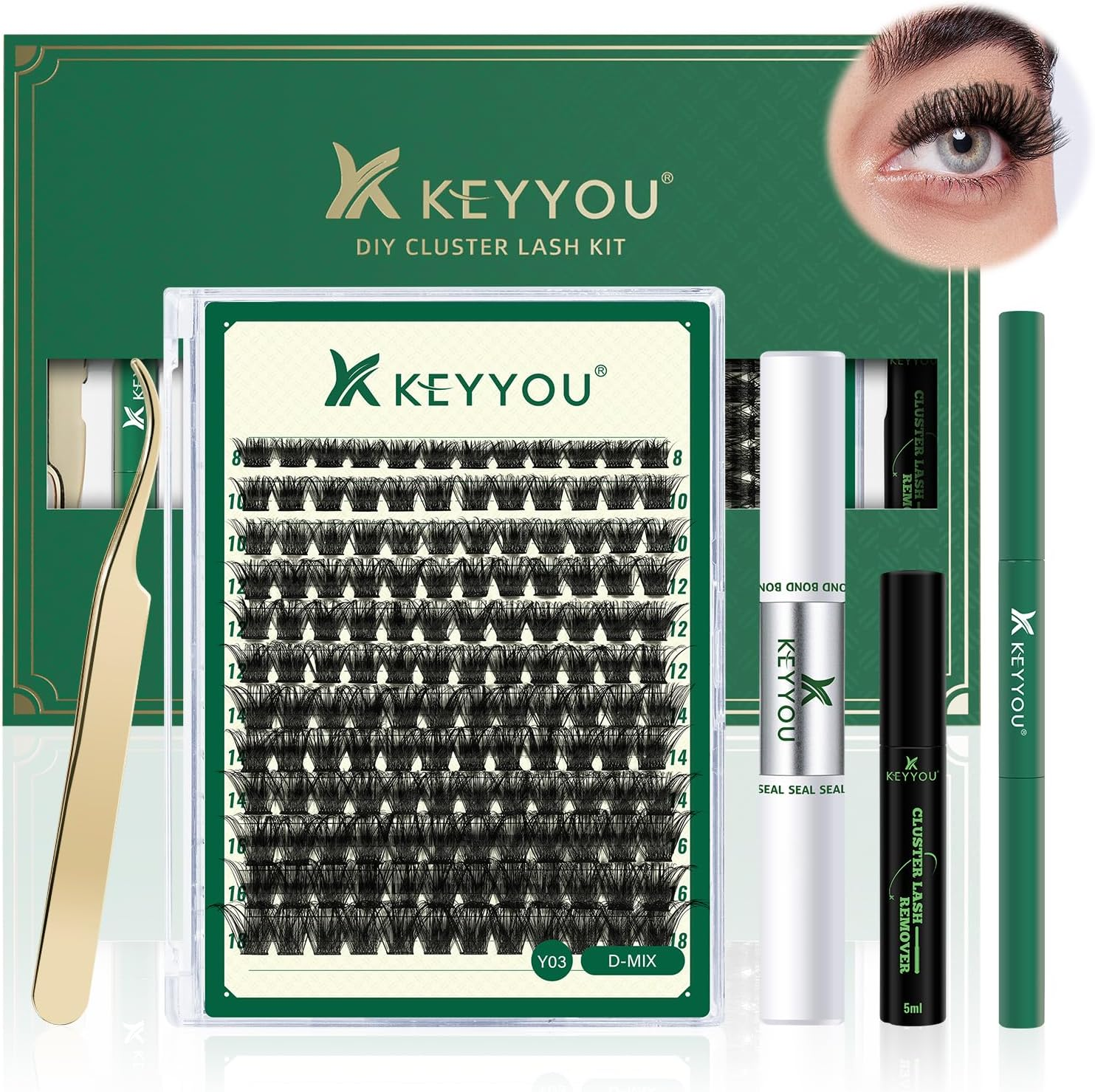 DIY Lash Extension Kit KEYYOU 144Pcs Lash Clusters Eyelash Extension Kit with Mascara Brush Bond and Seal Lash Glue Remover Lash Applicators Lash Brush Clean Pad for DIY Lash Extensions (Y03 Kit) image number 3