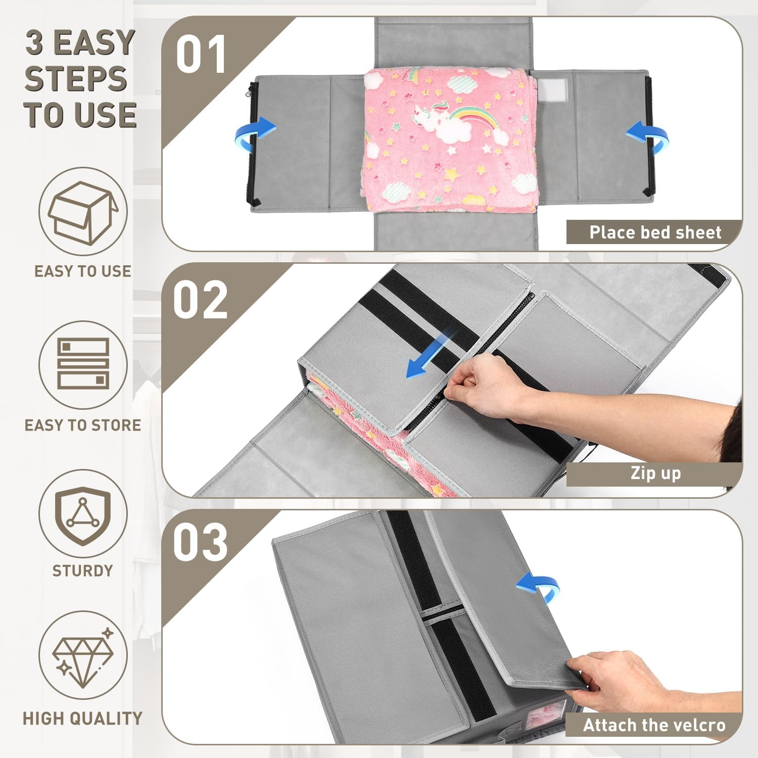 Jabykare 4 Pack Bed Sheet Organisers - Foldable Bedding Sheet Organiser with Window Xl(King & Queen Size) for Linen, Closets, Wardrobe, Home Storage & Organisation (Grey) image number 3