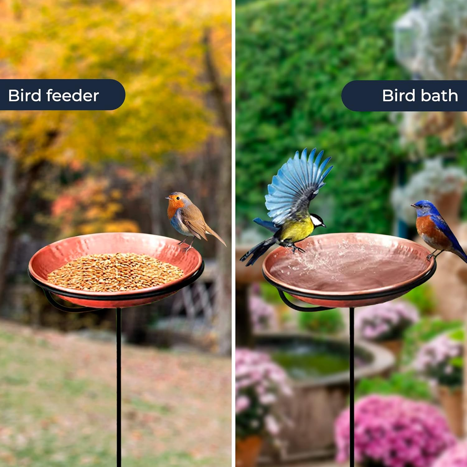 Monarch Abode Pure Copper Standing Bird Bath, Hand-Hammered Detachable Outdoor Bird Feeder, Bath, & Bowl with 34"" Iron Stand, Decor for Garden, Backyard, Patio, & Deck image number 2