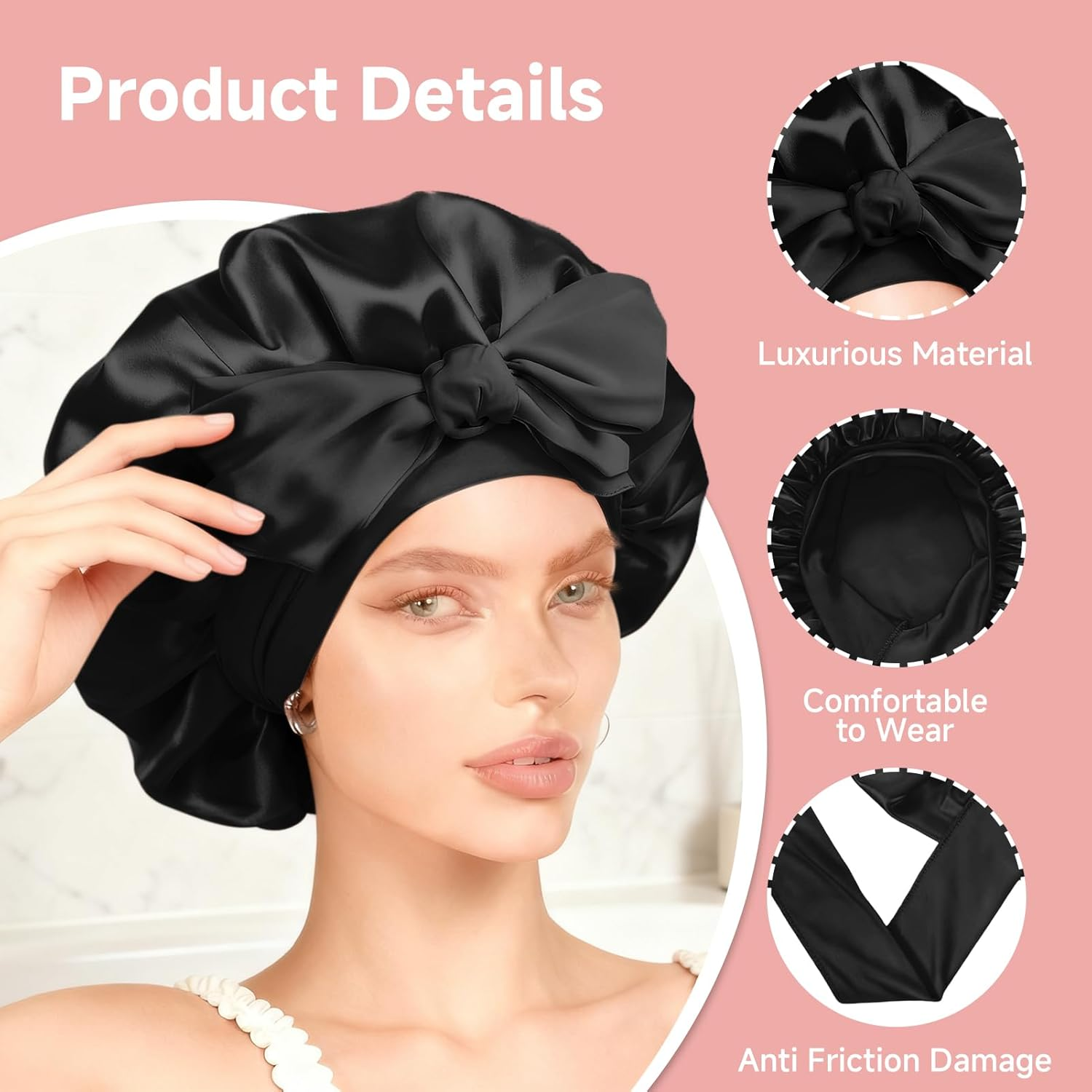 AIAOO Silk Bonnet for Sleeping Satin Hair Bonnet with Bow Ribbon Elastic Wide Band, Large Size for Curly Natural Hair, Night Sleep Cap for Women, Soft Breathable, Wig Protection image number 5