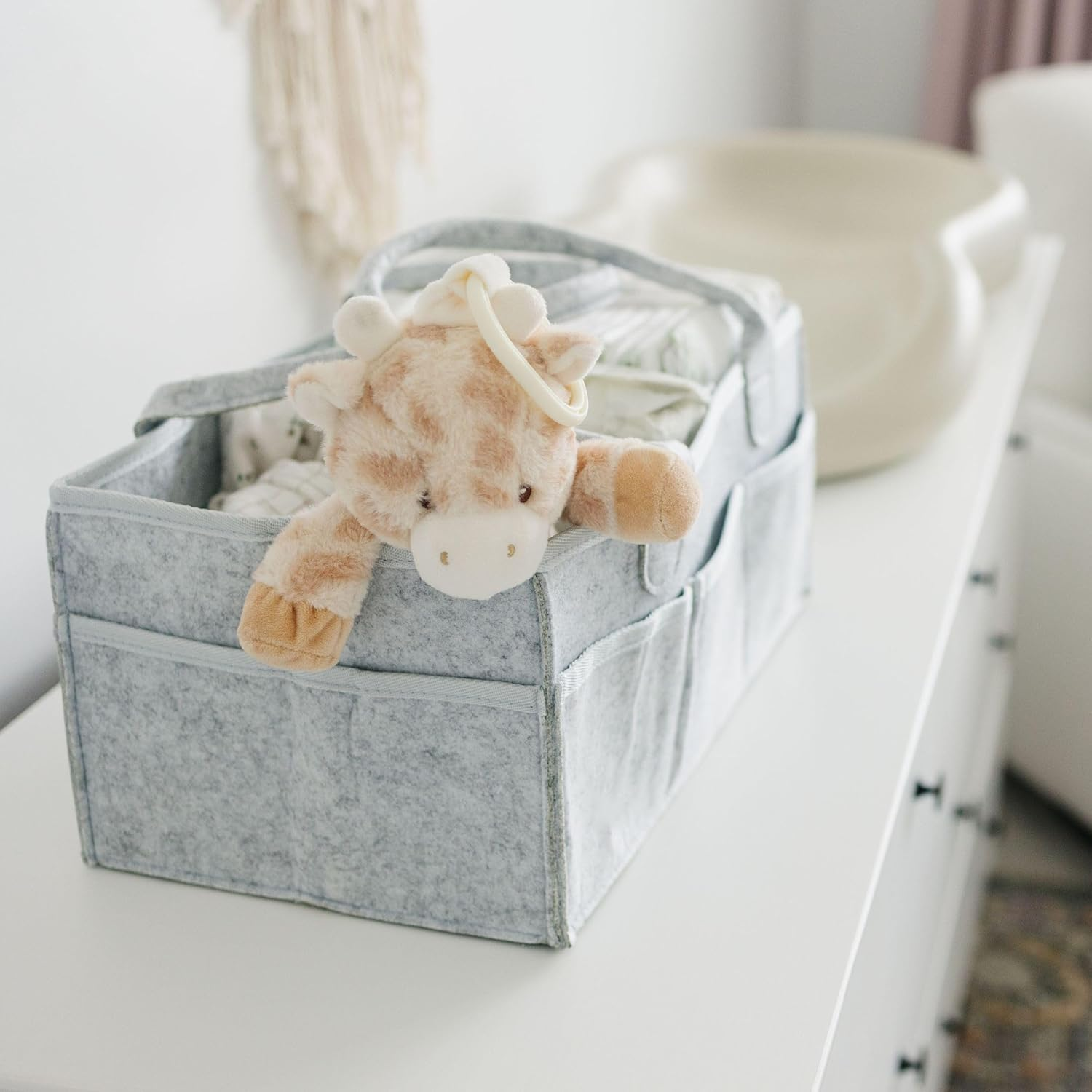 PUTSKA Baby Diaper Caddy Organizer - Nursery Storage Basket for Diaper Station, Baby Basket Shower Gift List and Registry Must-Have, Newborn Essentials, Nursery Decor for Boy or Girl - Grey, Large