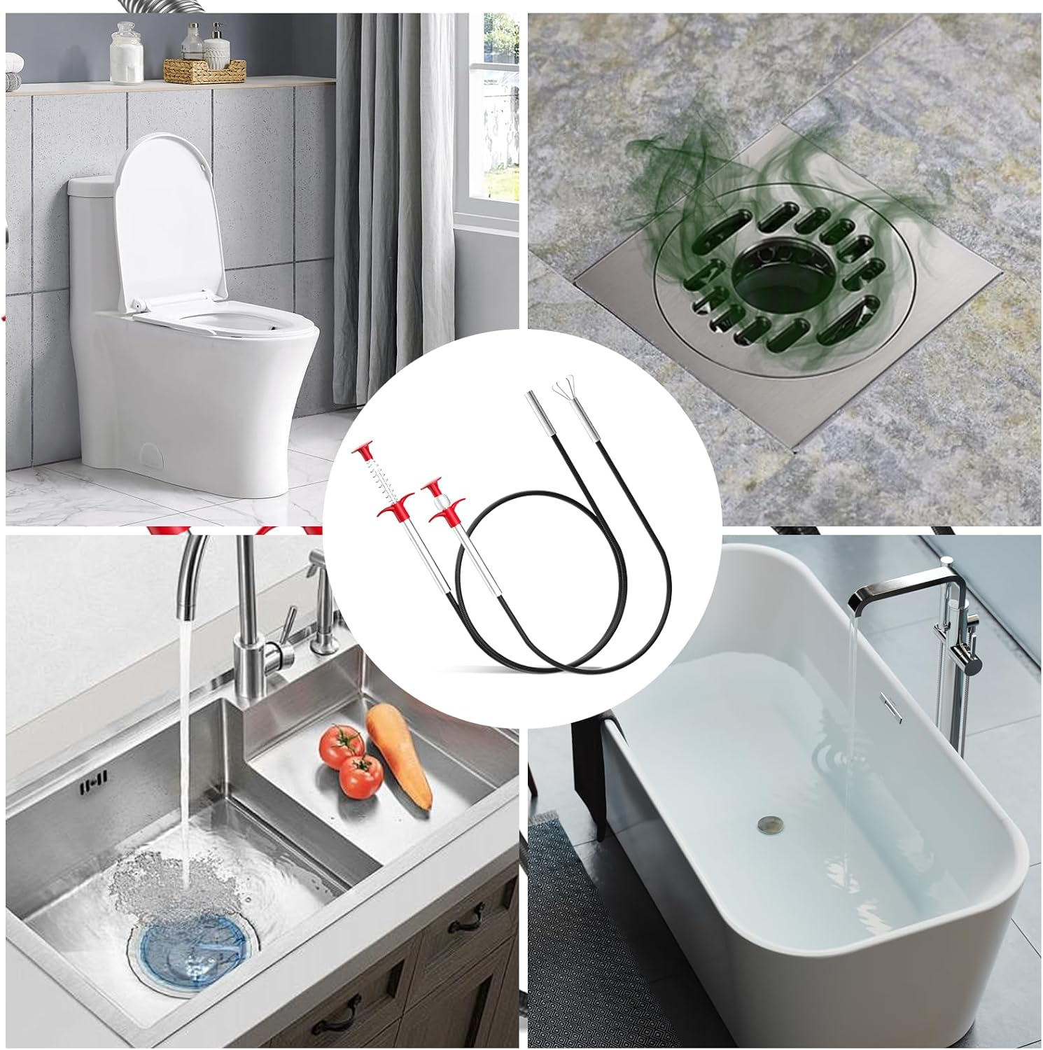 Pack of 2 Claw Grippers 160 Cm / 60 Cm, Flexible Gripper Claw Gripper, Pipe Cleaning Spiral, Drain Cleaner Spiral, Drain Spiral, Telescopic Gripper for Kitchen, Bathroom and Sewers - Red image number 3