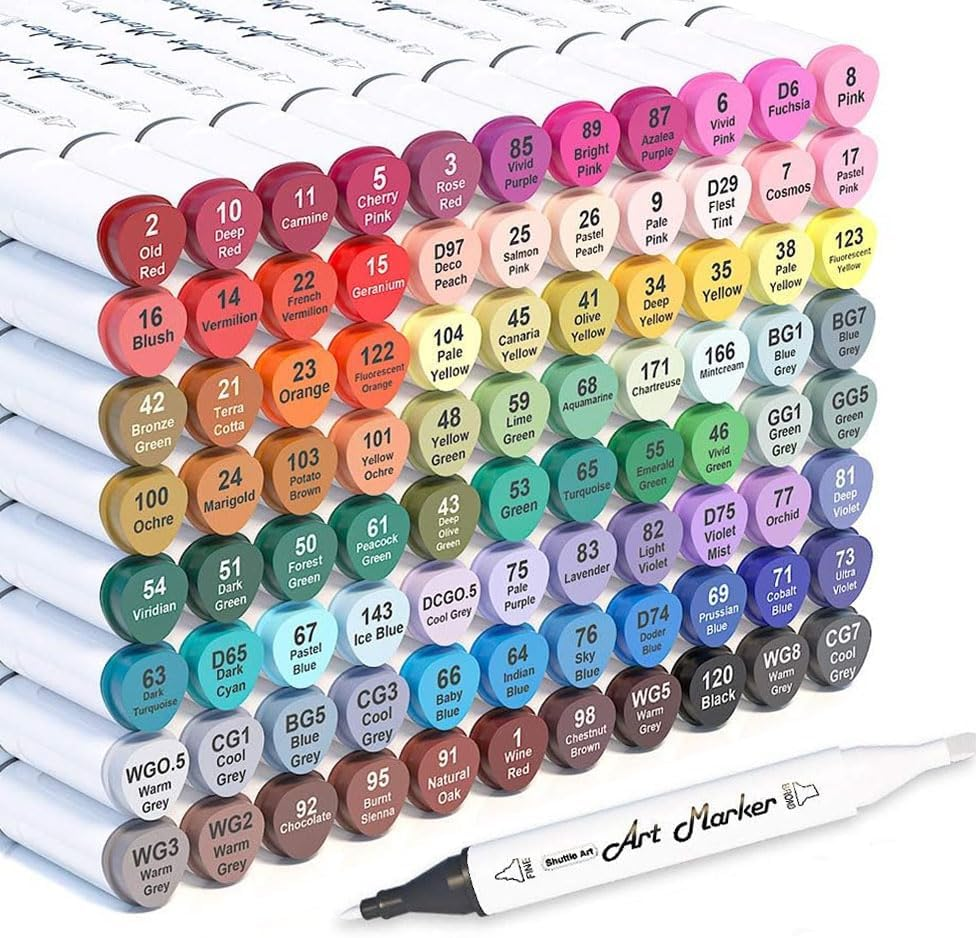 Shuttle Art Dual Tip Alcohol Based Art Markers, 88 Colours plus 1 Blender Permanent Marker with Handle Case Perfect for Kids Adult Coloring Books Sketching Card Making image number 5