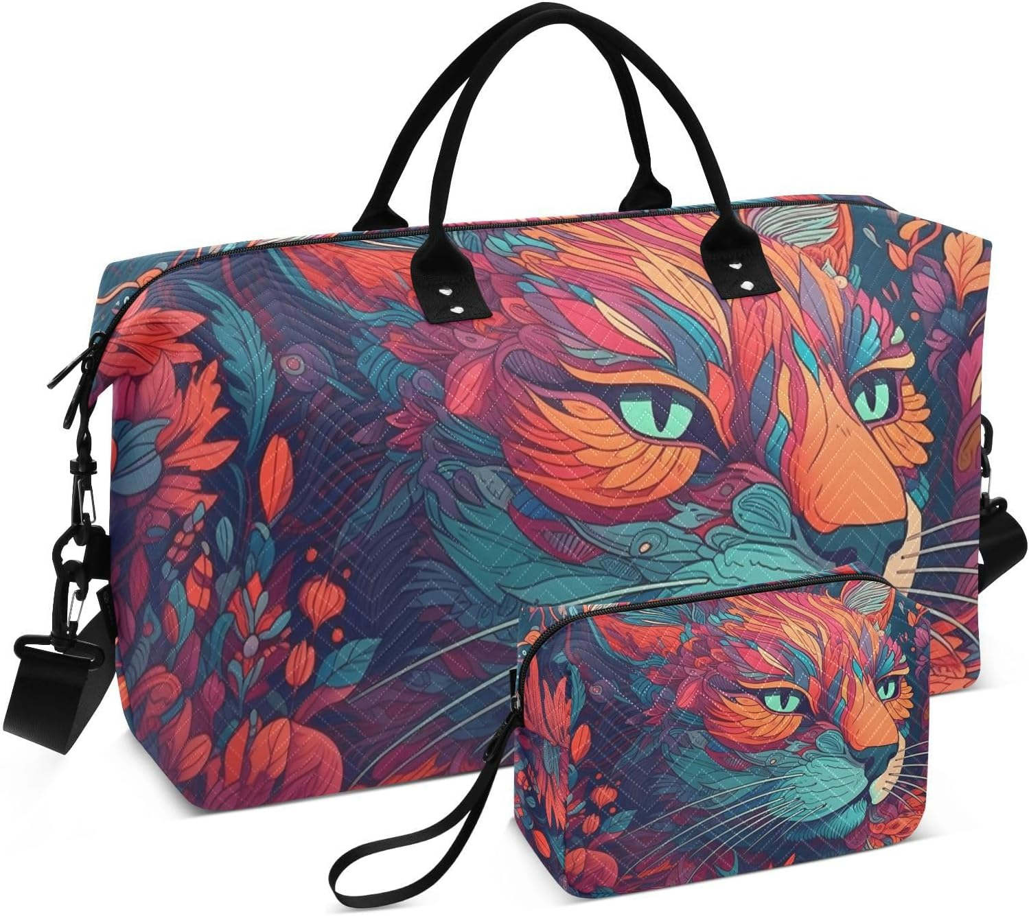 Duffel Bag Set with Toiletry Bag for Travel Gym Sport, Luggage Sleeve Weekender Bag Carry on Overnight Bag-Art Cat Portrait Print, Multicolor, 20.5 X 7.9 X 13.8 Inches+9.1 X 3.5 X 5.9 Inches image number 5
