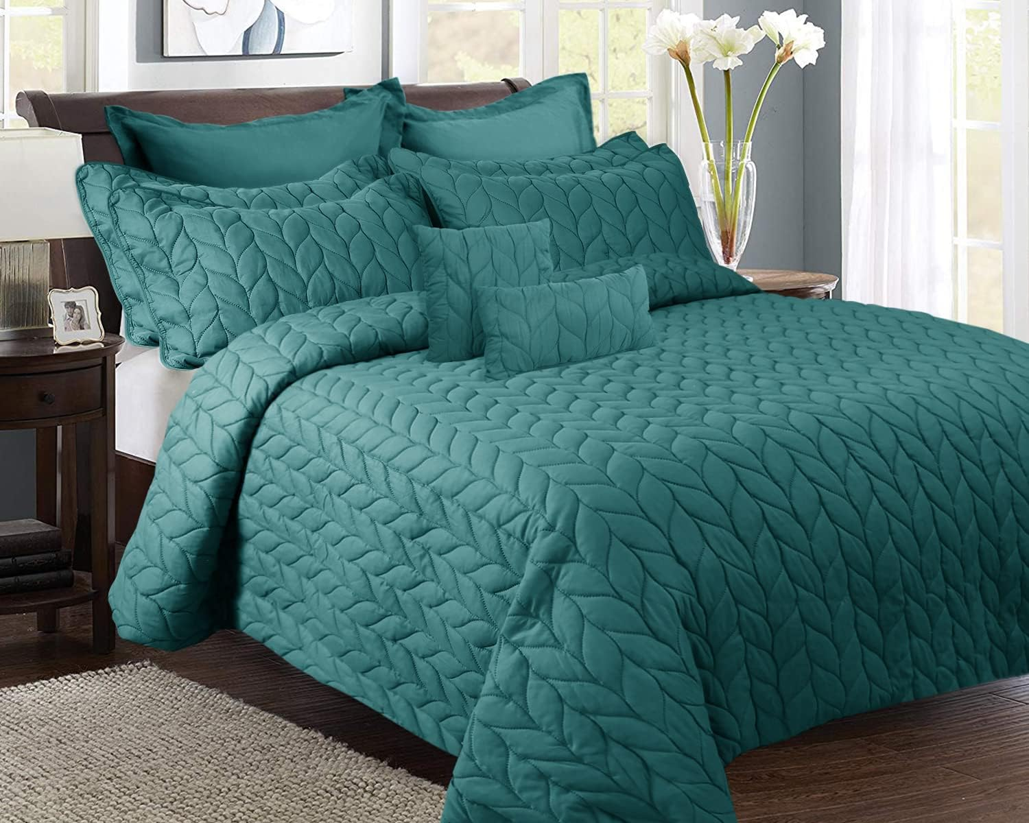 Ramesses Ultrasonic Embossed Lightweight Comforter 9 Pieces Set, Queen, Teal