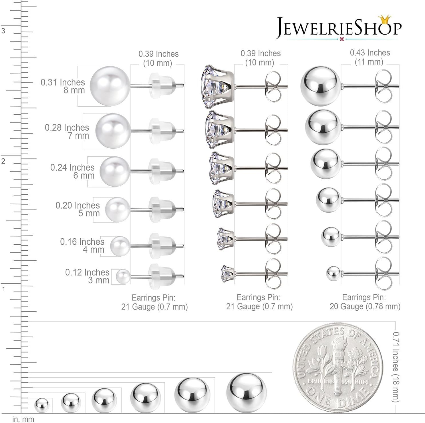 Jewelrieshop Stainless Steel round Ball Studs Cubic Zirconia Studs Faux Pearl Earrings Set for Women (8 Pairs / 18 Pairs) image number 3