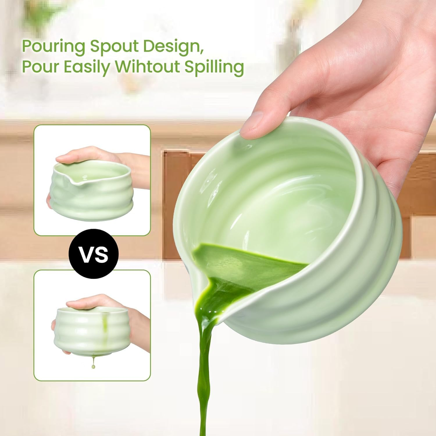 Matcha Whisk Set, Japanese Tea Set Includes Matcha Bowl with Spout, Matcha Whisk Holder, Bamboo Matcha Whisk and Bamboo Scoop, Ceramic Matcha Kit for Tea Lovers ﻿ (Green -4Pcs) image number 6