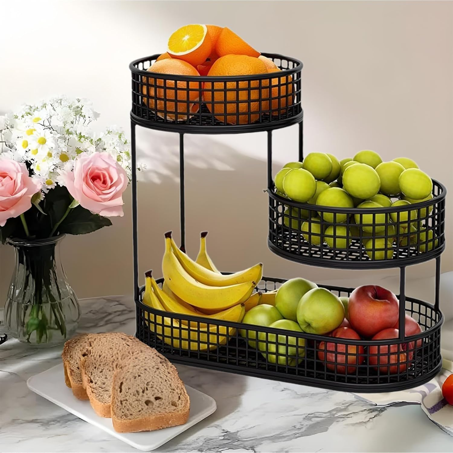 Fruit Basket, 3 Tier Countertop Metal Storage Basket,Layered Fruit Stand for Snacks,Kitchen Countertop,Food Storage Room,Fruits,Coffee,Pasta, Bathroom (Black) image number 1