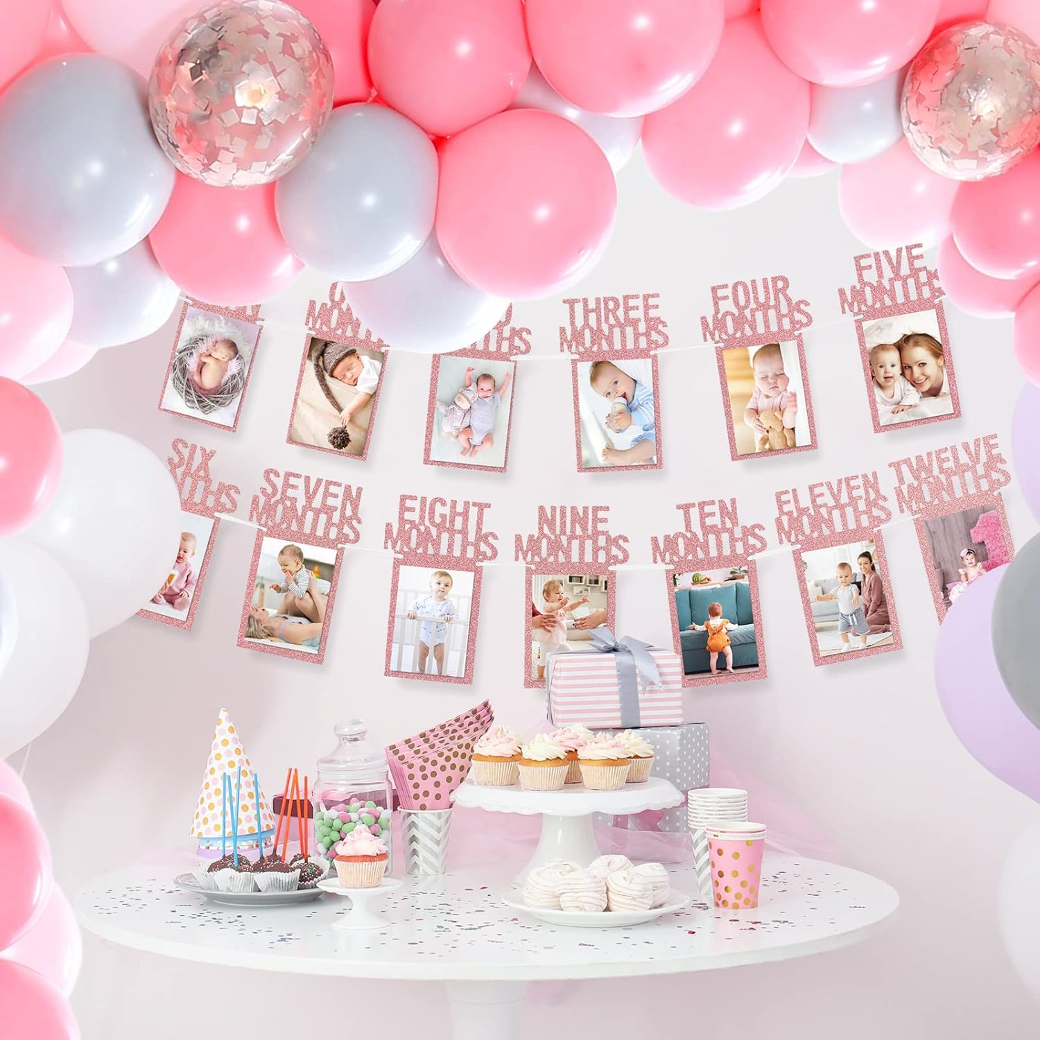 Birthday Photo Banner,1St Birthday Baby Photo Banner for Newborn to 12 Months,First Birthday Banner, Birthday Baby Photo Banner for Newborn to 12 Months for Baby First Birthday Party Decoration (Cowhide) - Light Blue image number 5