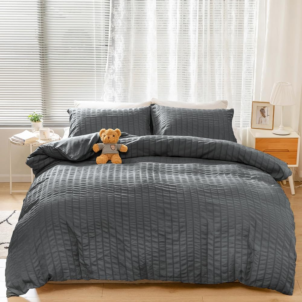 AYO Duvet Cover, Bedding Cover Set, Seersucker Fabric, Duvet Cover, Fitted Sheet, Pillow Case, Soft (Gray, Semi-Double, 4-Piece Set) image number 3