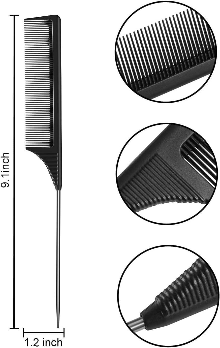 Rat Tail Combs with Heat Resistant Carbon Fiber Fine Tooth and Stainless Steel Handle Pin Design for Pintail Hair Parting Teasing image number 6