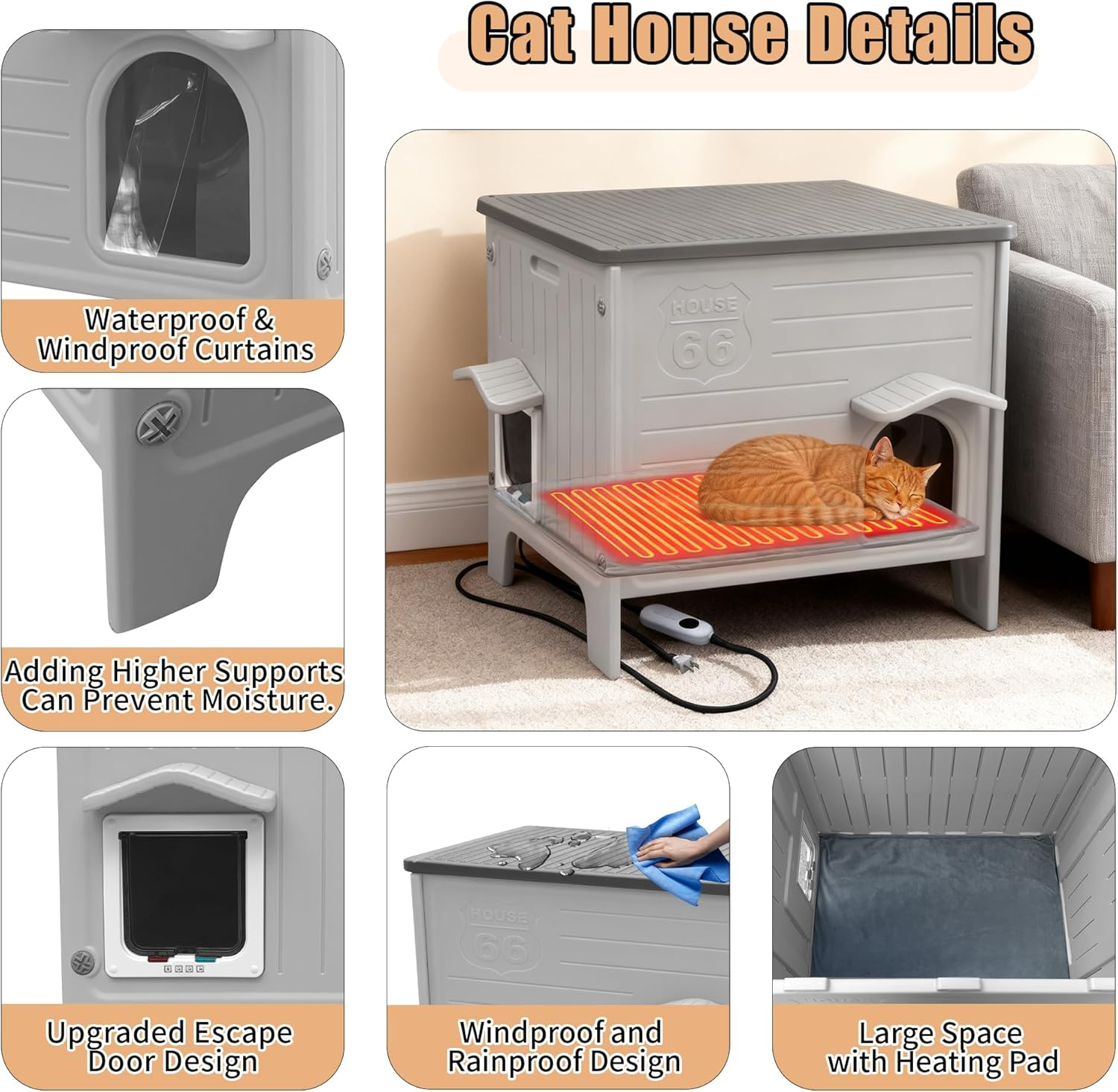 Plastic Cat House Outdoor Heated Pad - Feral Cat Houses with Escape Door, Waterproof Outdoor Cat House for Feral Cats, outside Cat Shelter for Small Pet, Assemble Easily image number 3