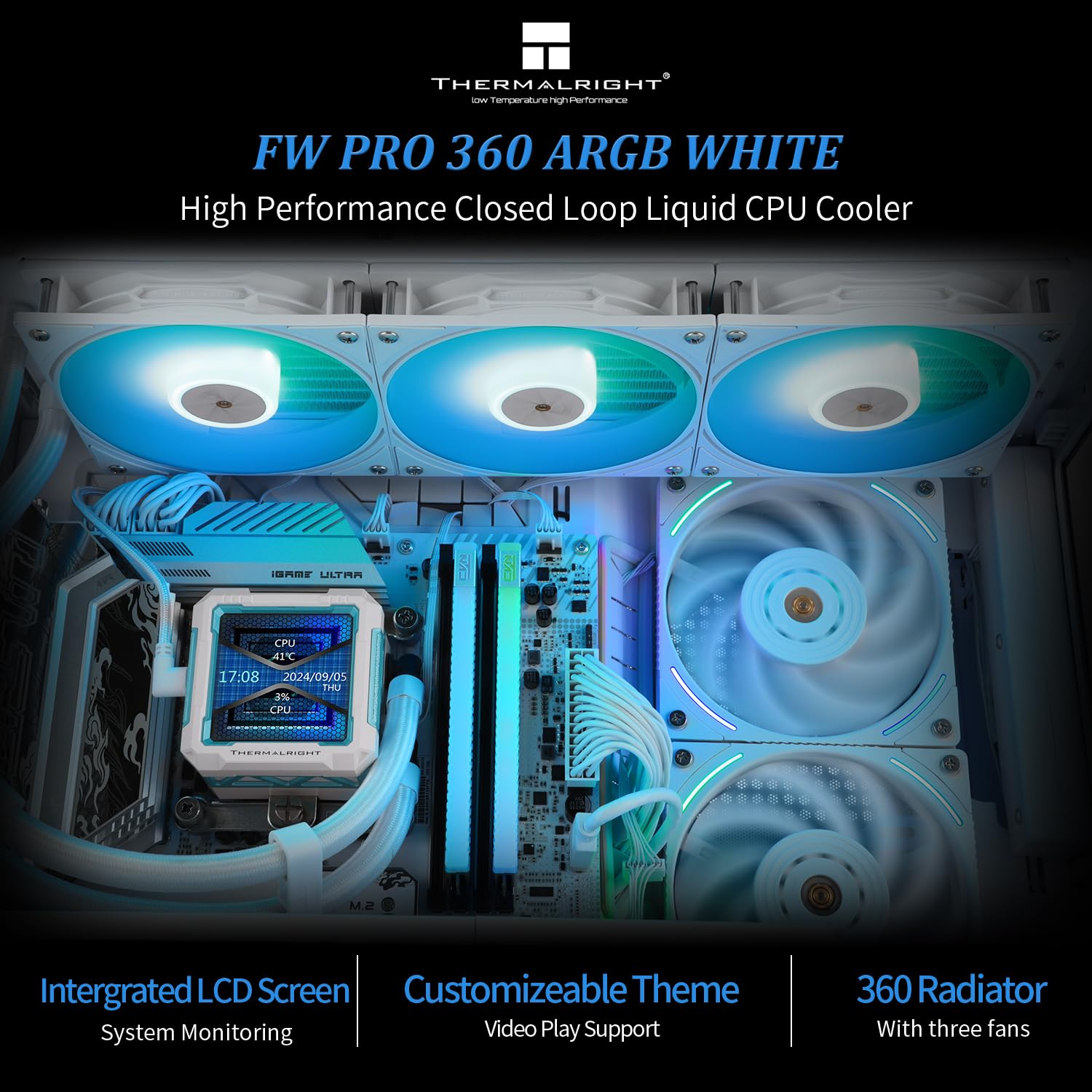 Thermalright FW PRO 360 ARGB White-360Mm AIO CPU Liquid Cooler,Ips LCD Screen with 320 * 320 Resolution,For Am4/Am5/Intel LGA1700/1851,&rsquo;2.73 Inch&rsquo;Magnet-Absorbent LCD Screen for Images image number 3