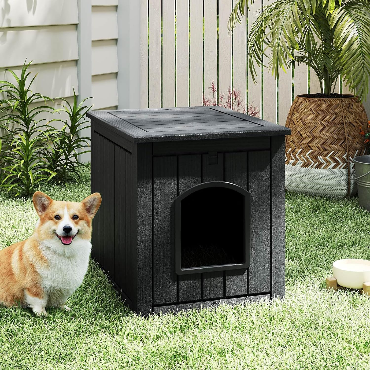 Costway Indoor Outdoor Cat House, Hidden Cat Litter Box Enclosure W/Flip Front Door & Raised Floor, Waterproof Puppy Shelter, Decorative Pet Cabinet Side Table for Poolside, Garden (Black) image number 5