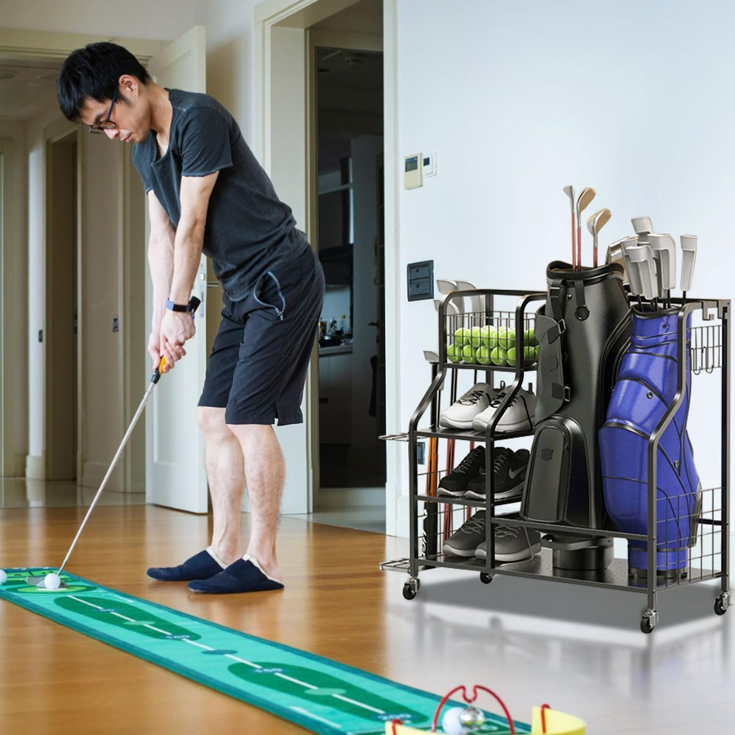 Golf Storage Organizer Golf Bag Storage Stand Golf Bag Organizer Garage Sport Equipment Storage Rack with Wheels Golf Equipment Rack with 4 Removable Hooks Large Capacity for Golf Storage Accessories image number 2