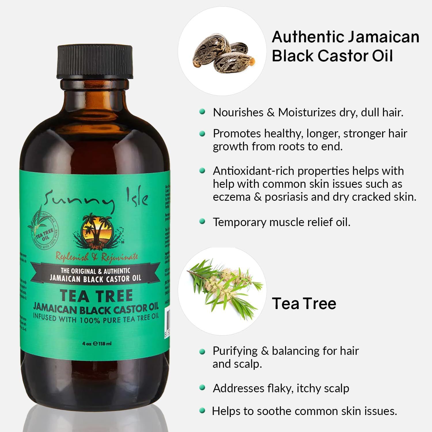 Sunny Isle Jamaican Black Castor Oil with Tea Tree Oil 4 Fl Oz | Hair Growth and Dry Itchy Scalp