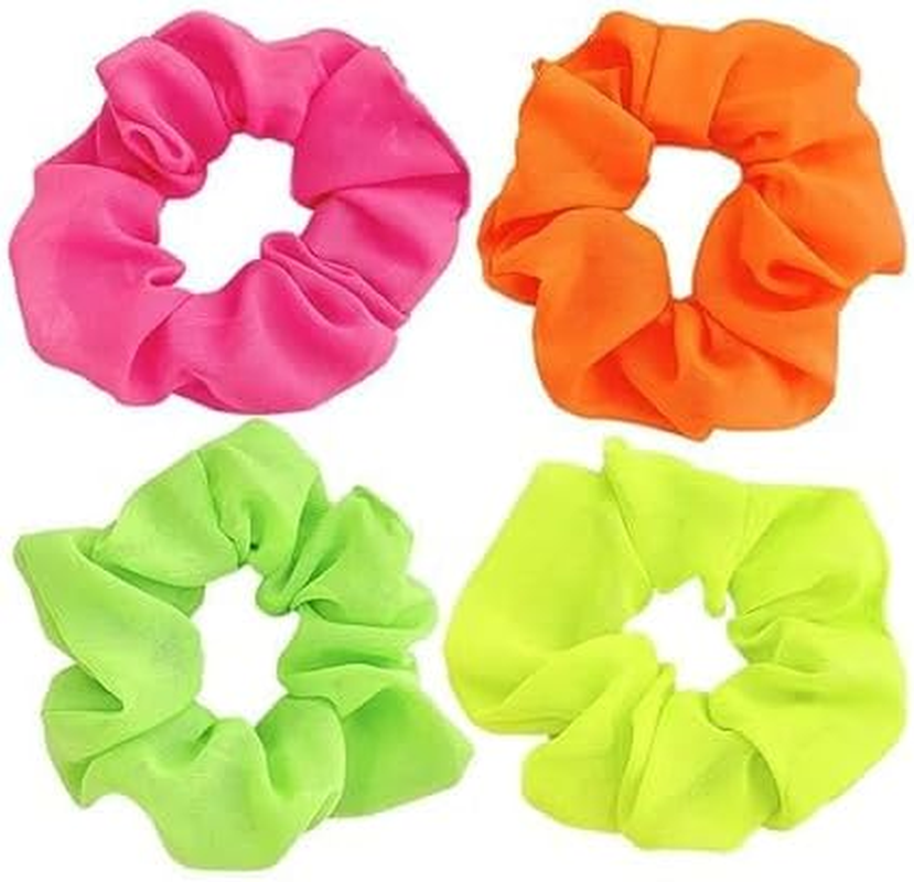 4Pcs Neon Scrunchies for Hair - 80S Neon Hair Accessories Soft Hair Scrunchy Solid Colors Elastic Hair Bands Neons Hair Ties Ponytail Holder for 80S Party Accessories Women image number 4