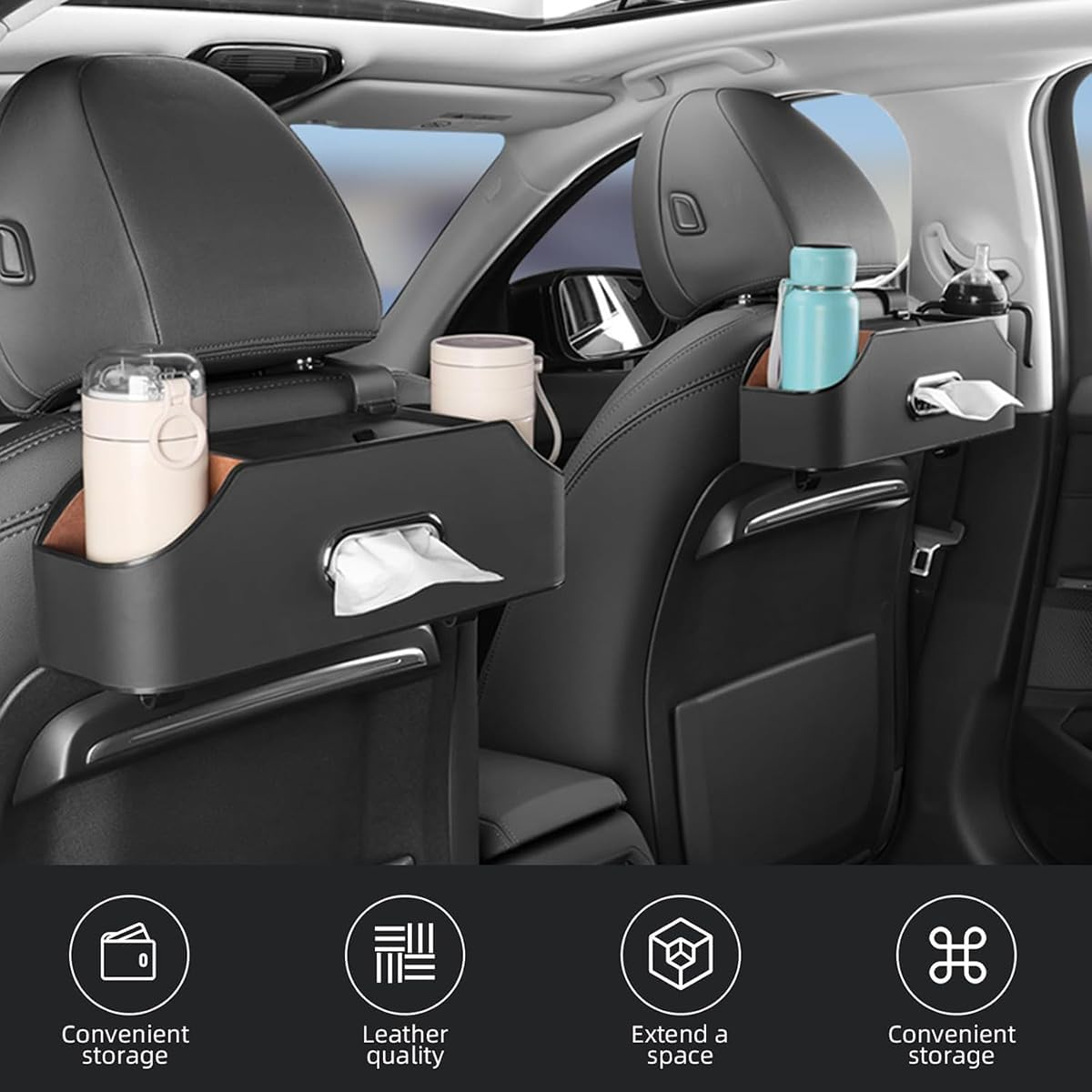 AIMALL Car Backseat Leather Storage Organizer Box with Cup Holder, Adjustable Hanging Seat Back Pocket for SUV Sedan Truck, 12.8X4.5X3.3In &ndash; Black/Beige/Brown image number 6