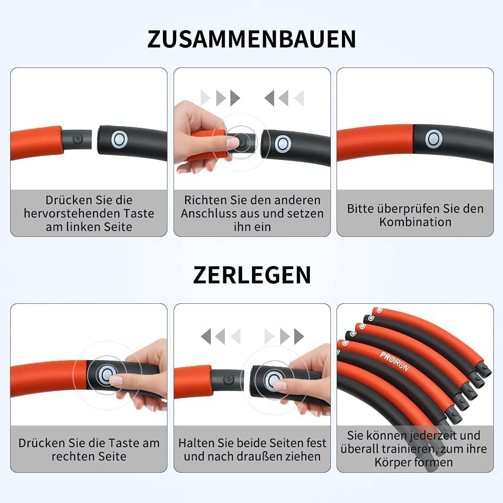 PROIRON Weighted Fitness Hula Hoop 0.95/1.2/1.8Kg, Exercise Hoola Hoops Foam Padded for Adults and Children, 6-8 Detachable Sections, Adjustable 73-98Cm Waist for Weight Loss (Blue-Pink-Black-Red-Yellow-Grey)) image number 1