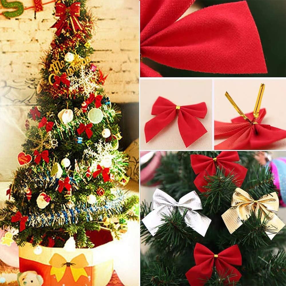 12 Pieces Christmas Ribbon Bows Ornaments Xmas Tree Bowknot Velvet Ribbon Bows Christmas Bows for Tree Decorations Presents Wrapping Craft Supplies, Red + Gold - Red + Gold image number 4