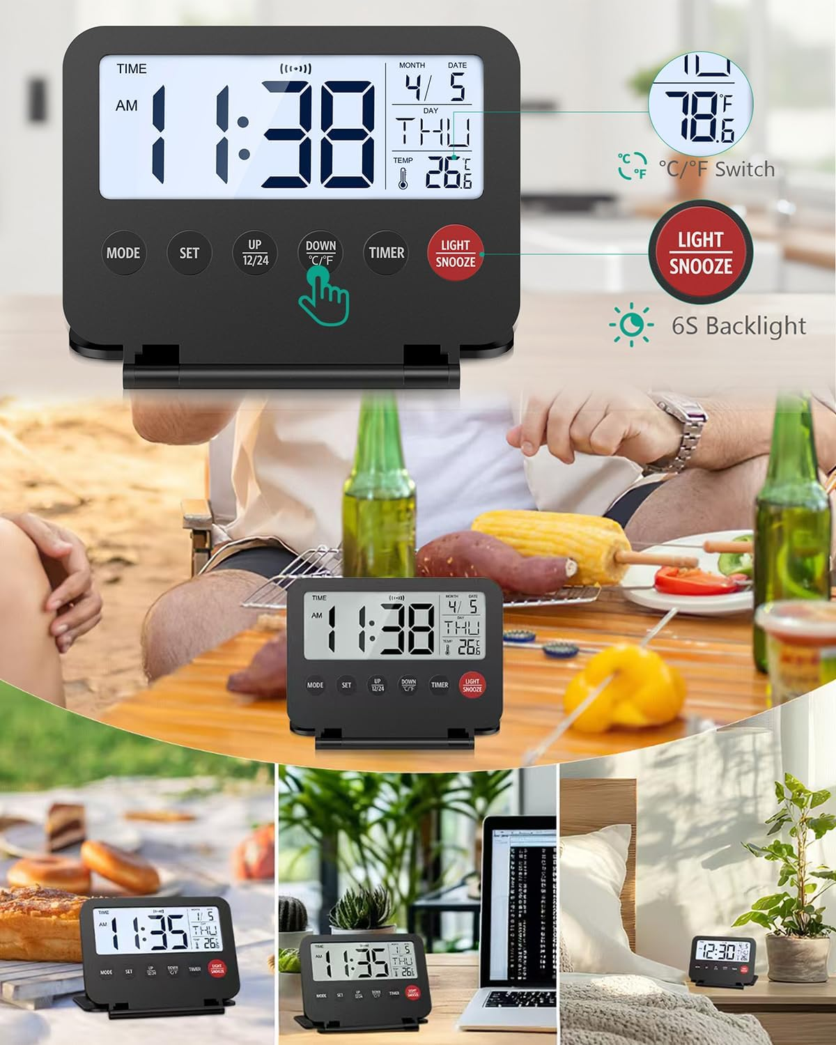 ORIA Digital Travel Alarm Clock, Small Foldable Alarm Clock, Battery Operated LCD Desk Clock, Simple Operation Calendar Clock with Backlight, Date, Temp, Snooze, for Home, Office,Travel image number 2