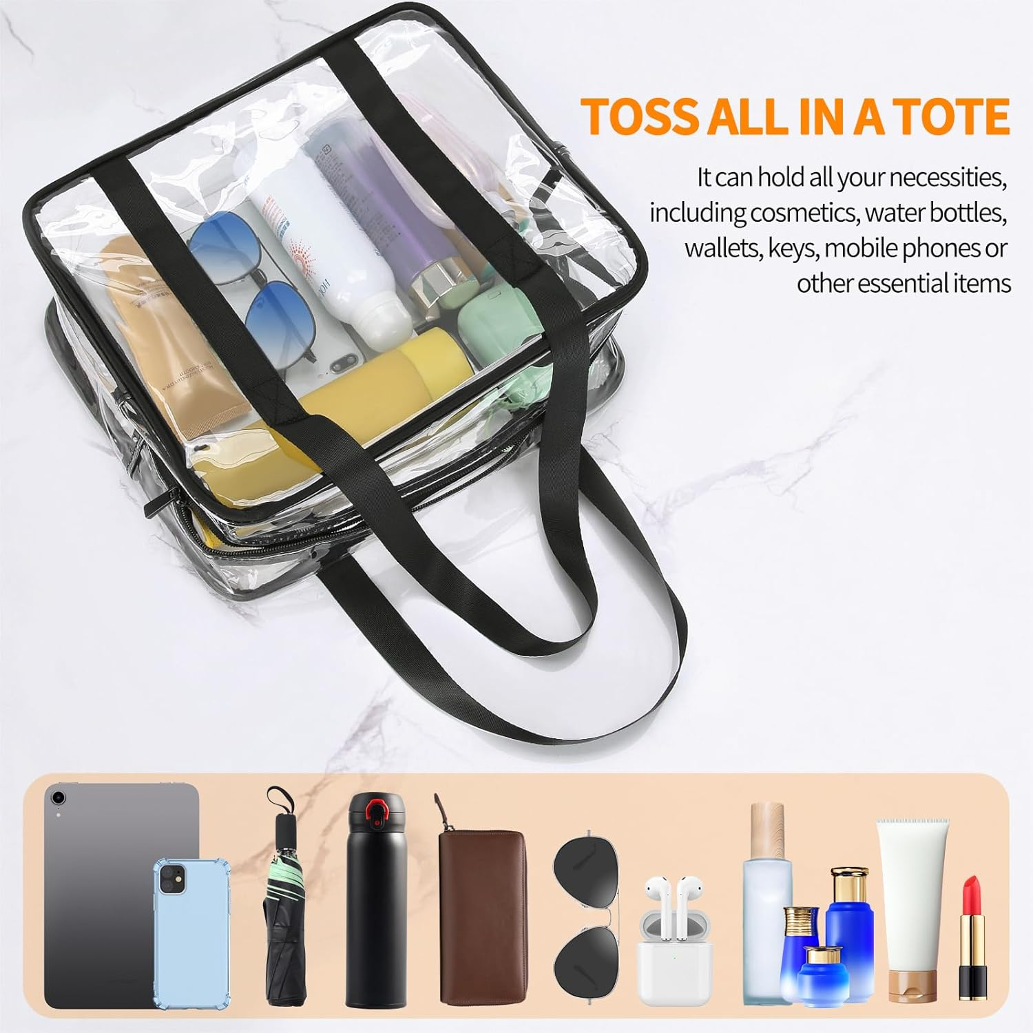 HAOGUAGUA Extra Large Clear Cosmetic Makeup Bag, Transparent PVC Tote Shoulder Bag Stadium Approved, Waterproof Toiletry Carry Pouch Makeup Artist Bag Diaper Bag, Black