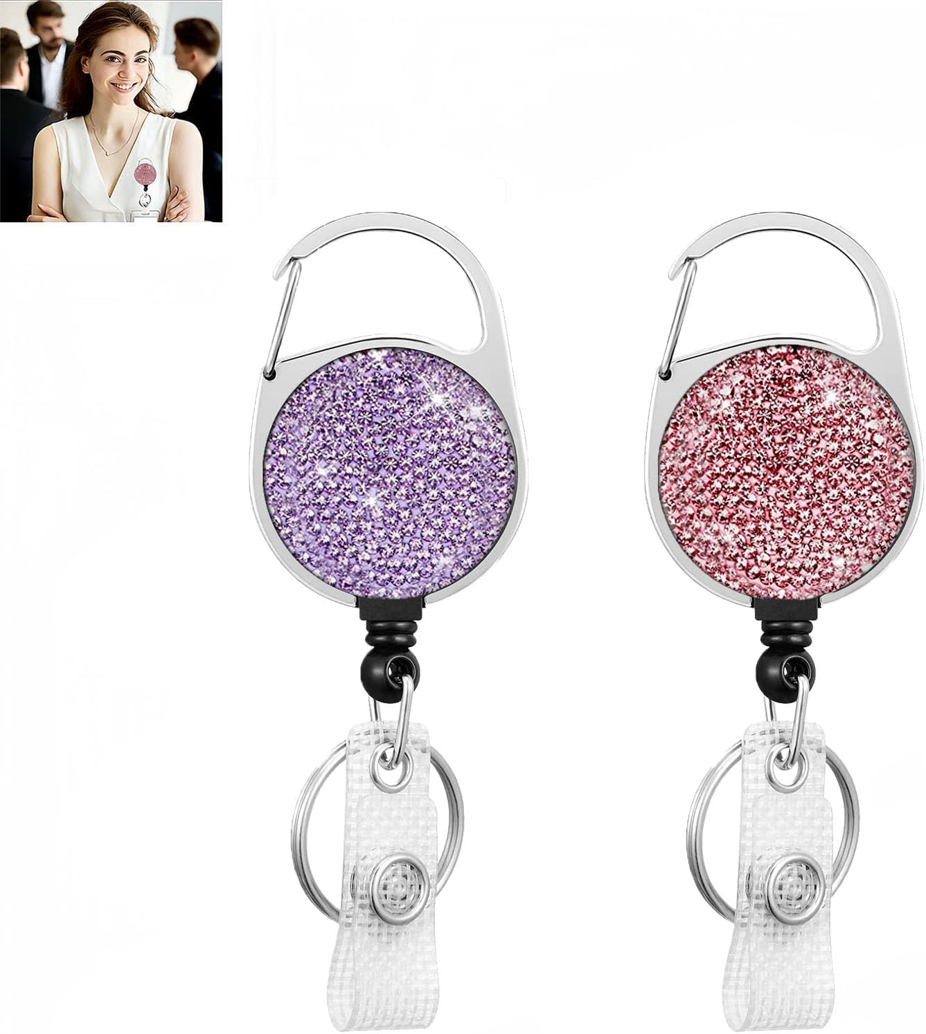 XUTONG 2PCS Retractable Badge Reel Carabiner Badge Holder with Bling Rhinestones Crystal,Badge Holders for ID Card Keychain (2Pcs Pink and Purple) image number 1