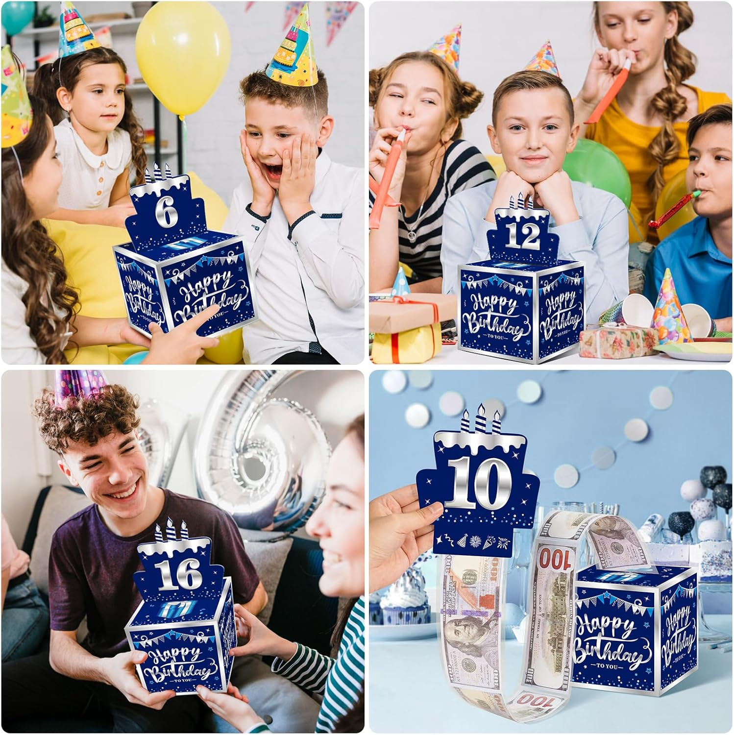Happy Birthday Money Gift Box with DIY Stickers for Any Age - Blue Sliver Surprise Birthday Party Cash Gift Box with Pull Out Card for Men Boys - a Fun Way to Present Cash as Gifts. image number 2