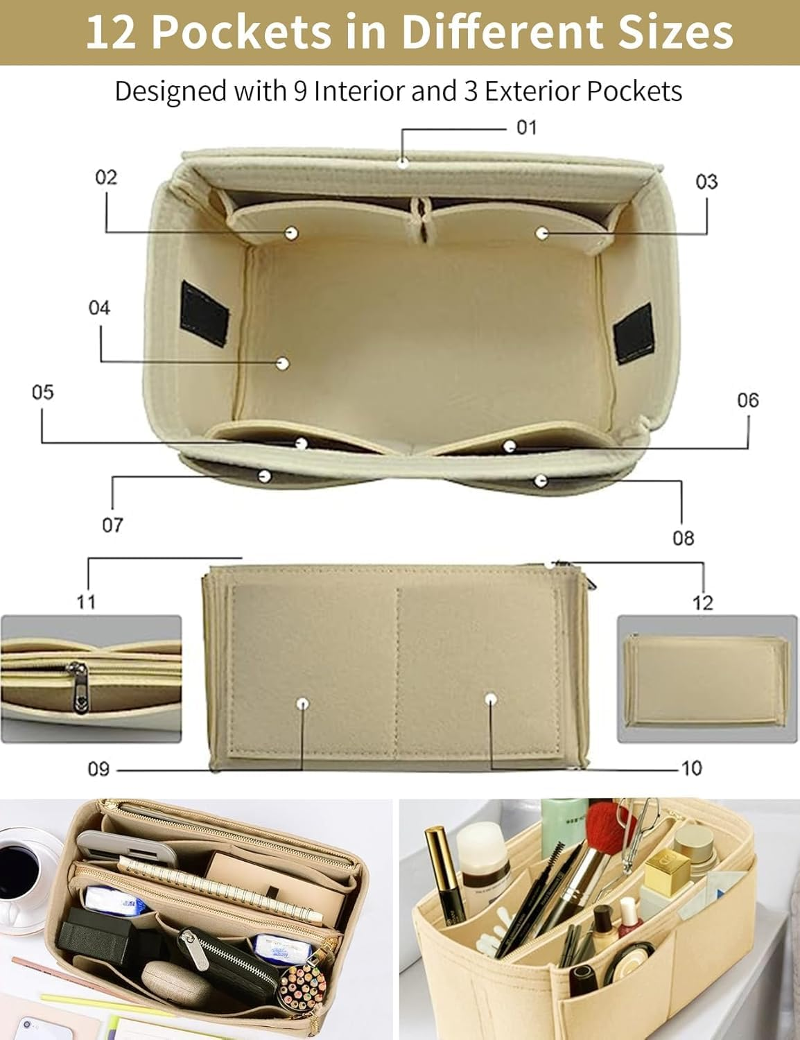 Purse Organizer Insert, Handbag Purse Organizer, Multi Pocket Wallet Organizer, Backpack Liner Organizer, Handbag Tote Shaper, Felt Bag Organizer with Zipper, Felt Bag Organizer for Tote (GREY) - Pk image number 4