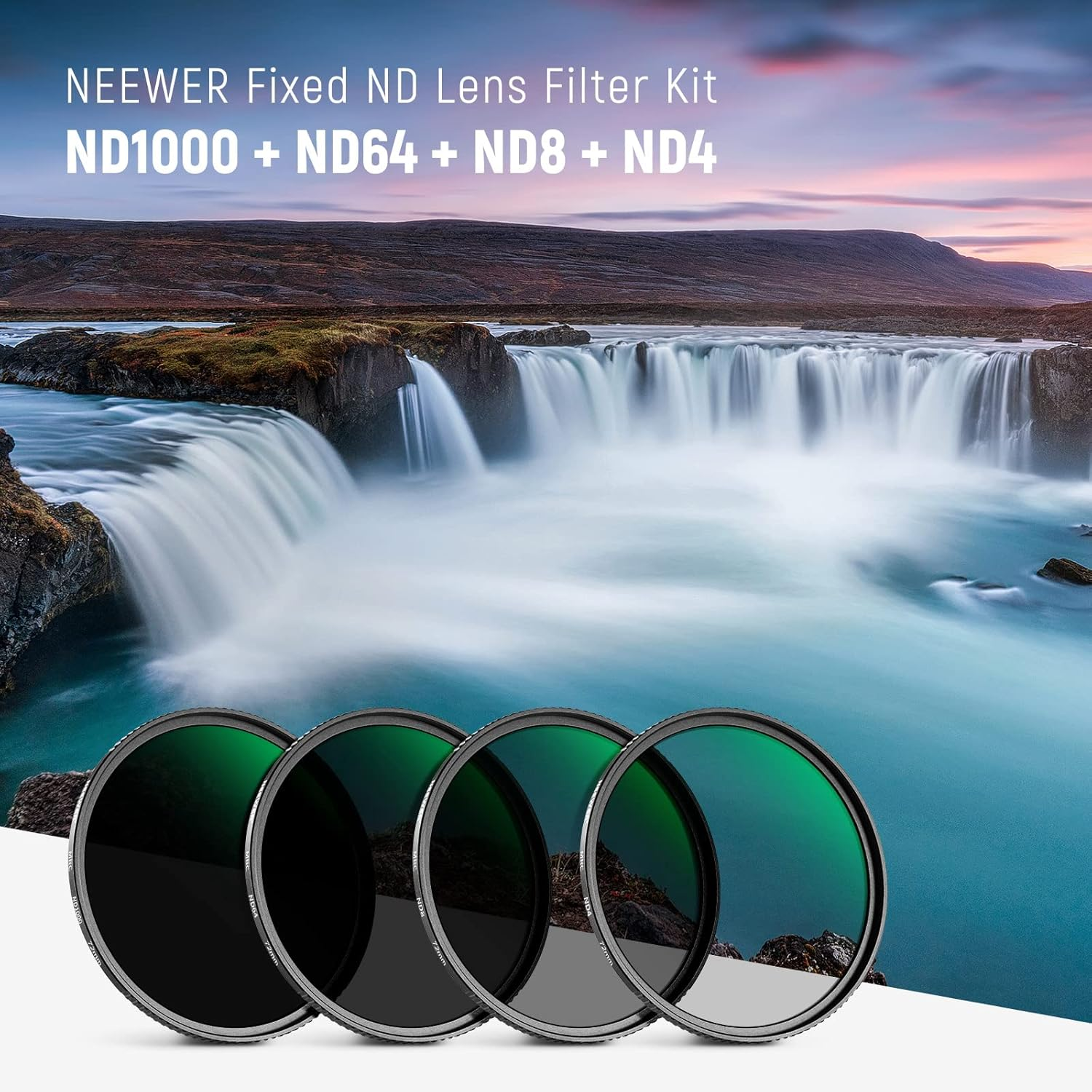 NEEWER 72Mm Fixed ND Filter Kit ND1000 ND64 ND8 ND4 Neutral Density Filter Set Double Sided 30 Layer Nano Coatings/Hd Optical Glass/Ultra Slim/Water Repellent/Scratch Resistant/Waterproof Filter Pouch image number 2