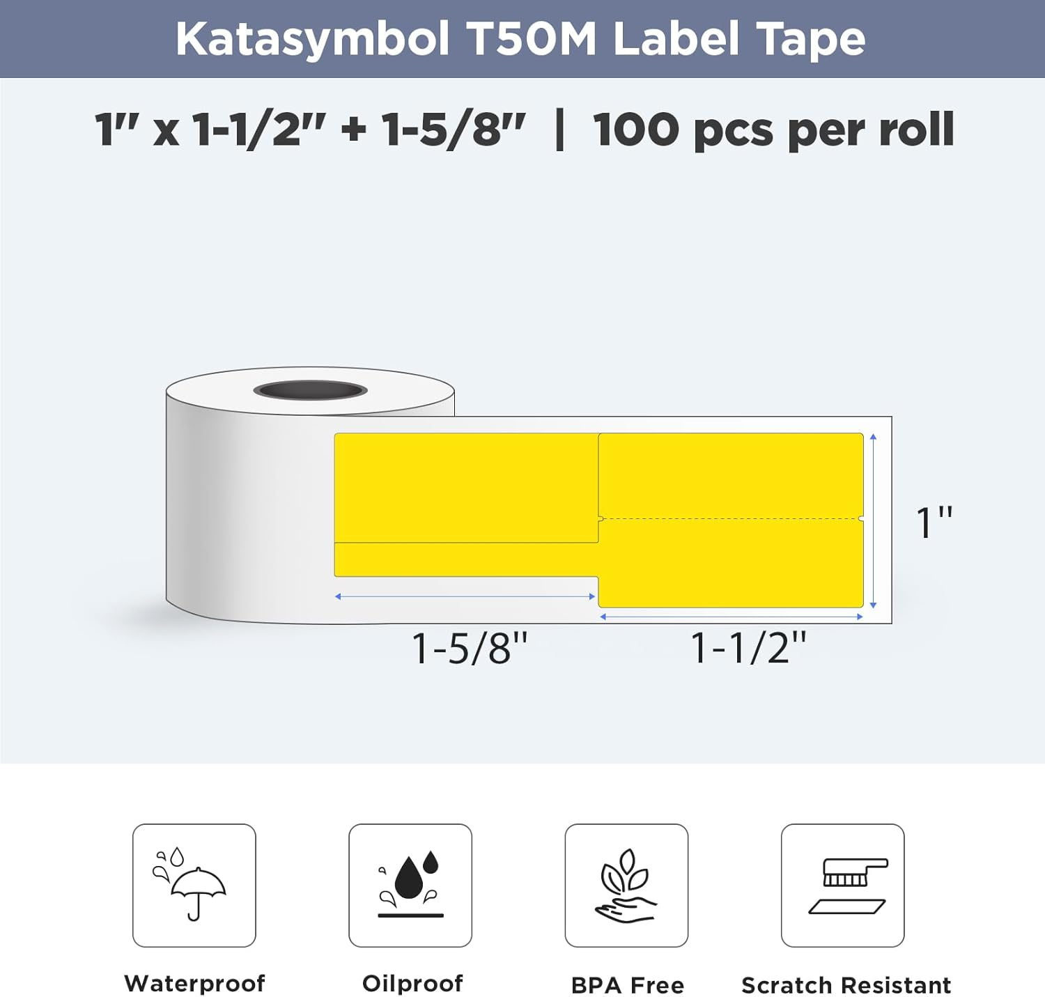 SUPVAN KATASYMBOL T50M Cable Label Tape Thermal Waterproof Clear Printing Self-Adhesive Multipurpose Replacement, 25 Mm X 38 Mm + 40 Mm, Black on Yellow, 100 Labels per Roll image number 1