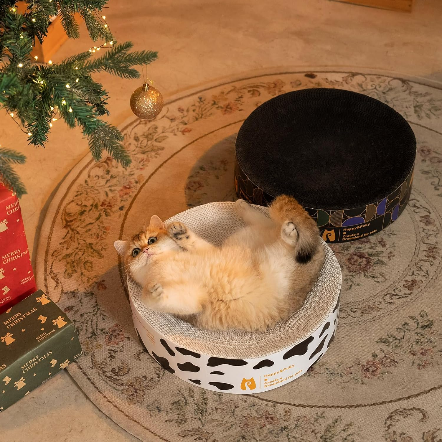 Happy&Polly round Cat Scratcher Cardboard Bed - Double-Sided Scratching Pad for Indoor Cats, Furniture Protector, Scratch Deterrent - White - Cat Scratcher Bed-Black image number 7