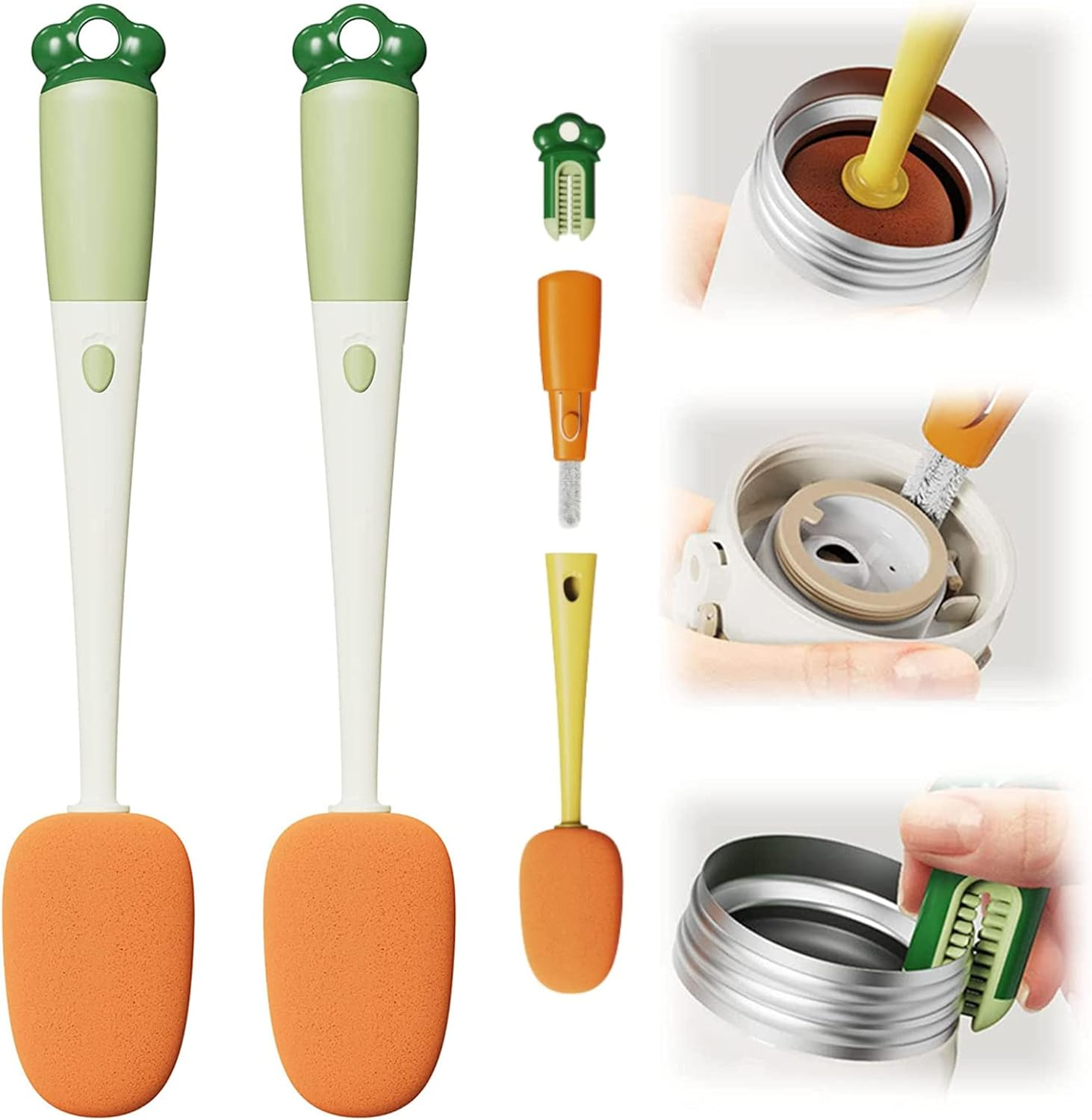 3-In-1 Multifunctional Cup Brush, Cleaning Brush in Carrot Shape, Sponge Brush Long Handle Bottle Cleaner Brush for Hydroflasks, Insulated Bottle, Vase, Narrow Neck Containers (2 Orange)