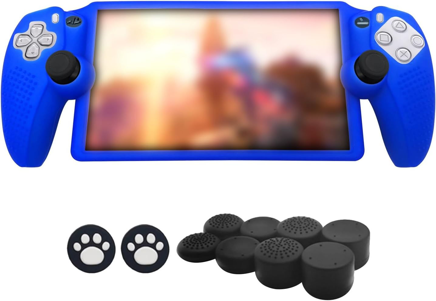 Silicone Protective Cover and Stick Caps Compatible with Playstation Portal, Anti-Slip Protector Case and 10 Thumb Grip Caps Accessories for PS Portal Remote Player(Blue)