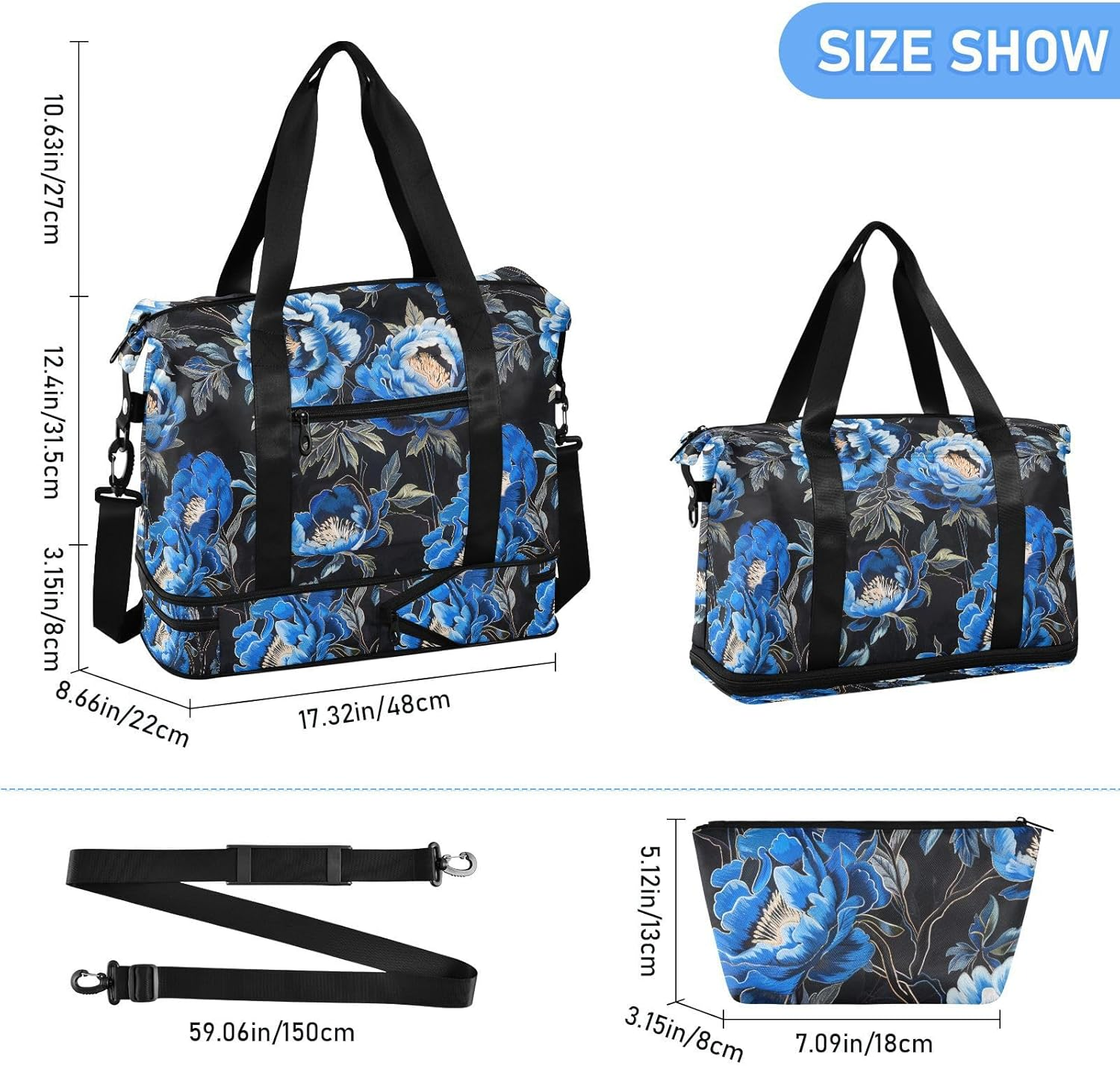 Black with Blue Peony Embroidery Personal Item Travel Bags Travel Weekender Gear Bag Tote Bag with Toiletry Bag for Airplane Traveling Foldable, Black with Blue Peony Embroidery, 1 Size