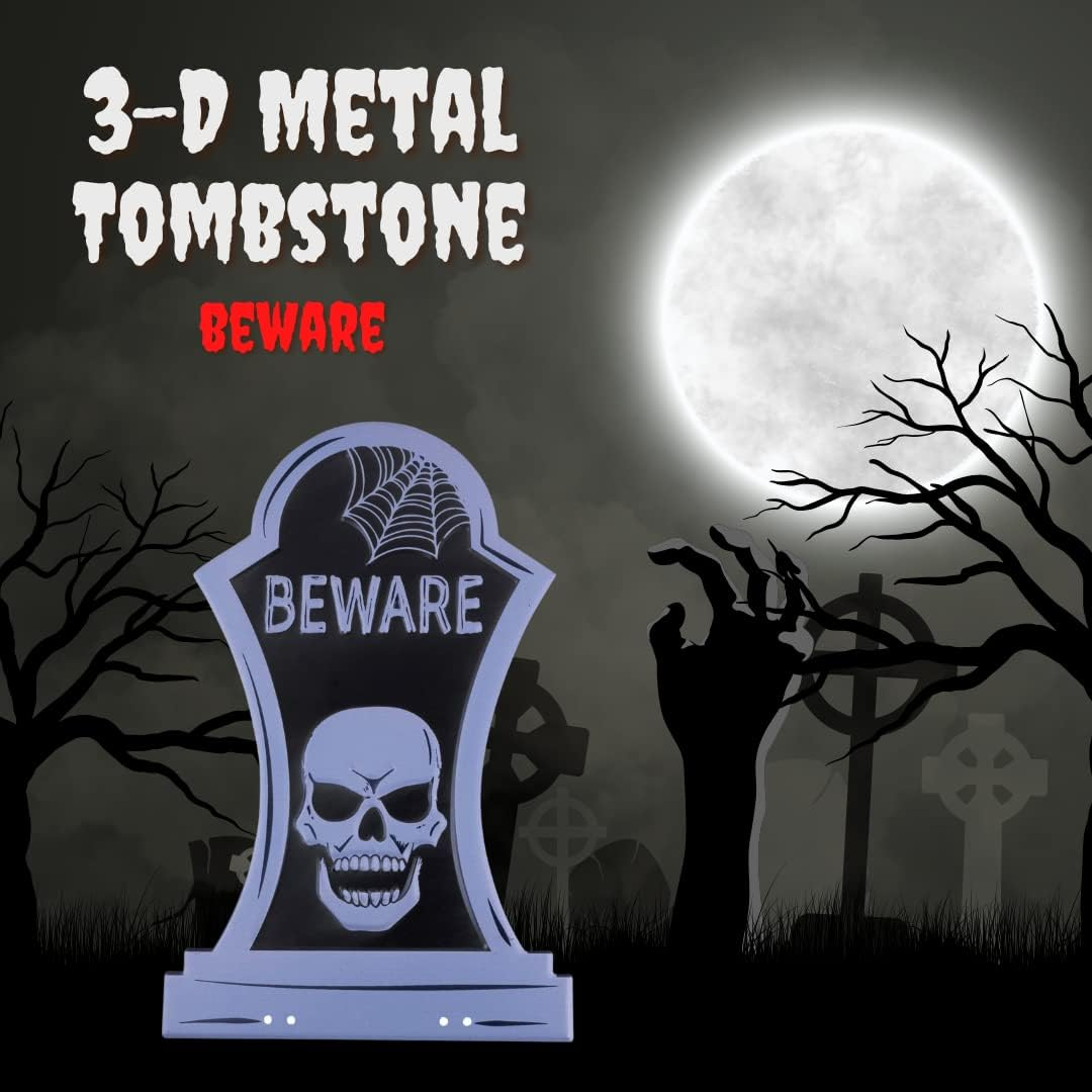 3-D Metal Halloween Ghost Cemetery XL 17" Tombstone W Stakes -BEWARE- Durable, Rustproof, UV Raised Printing- Upgrade Your Haunted House Mansion W Cemetary Lawn Decor- No More Flimsy Foam Graveyards image number 6