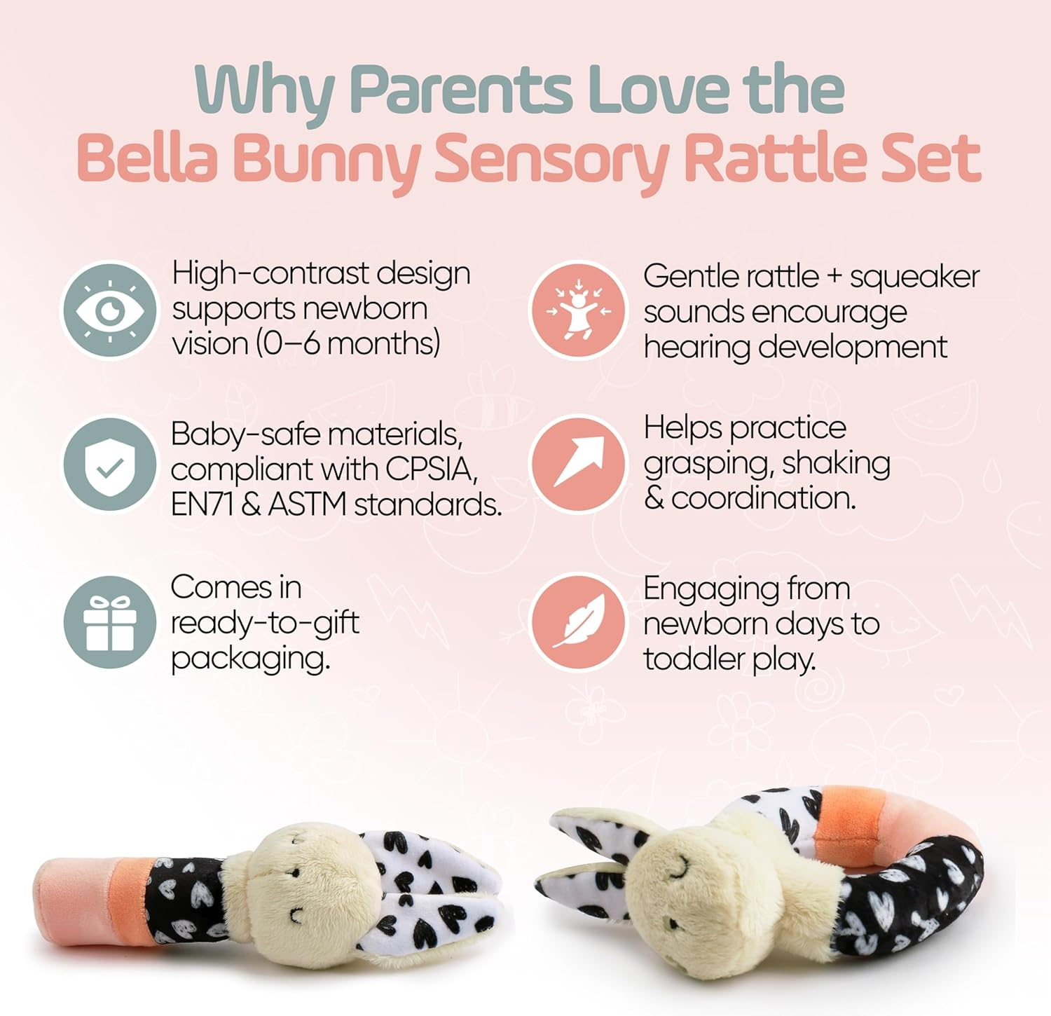 Bella Bunny Sensory Rattle Set &ndash; High Contrast Baby Toys for Newborns (0&ndash;6 Months), Soft Plush Bunny Rattle & Squeaker Gift Set for Tummy Time, Montessori & Soft Play Development