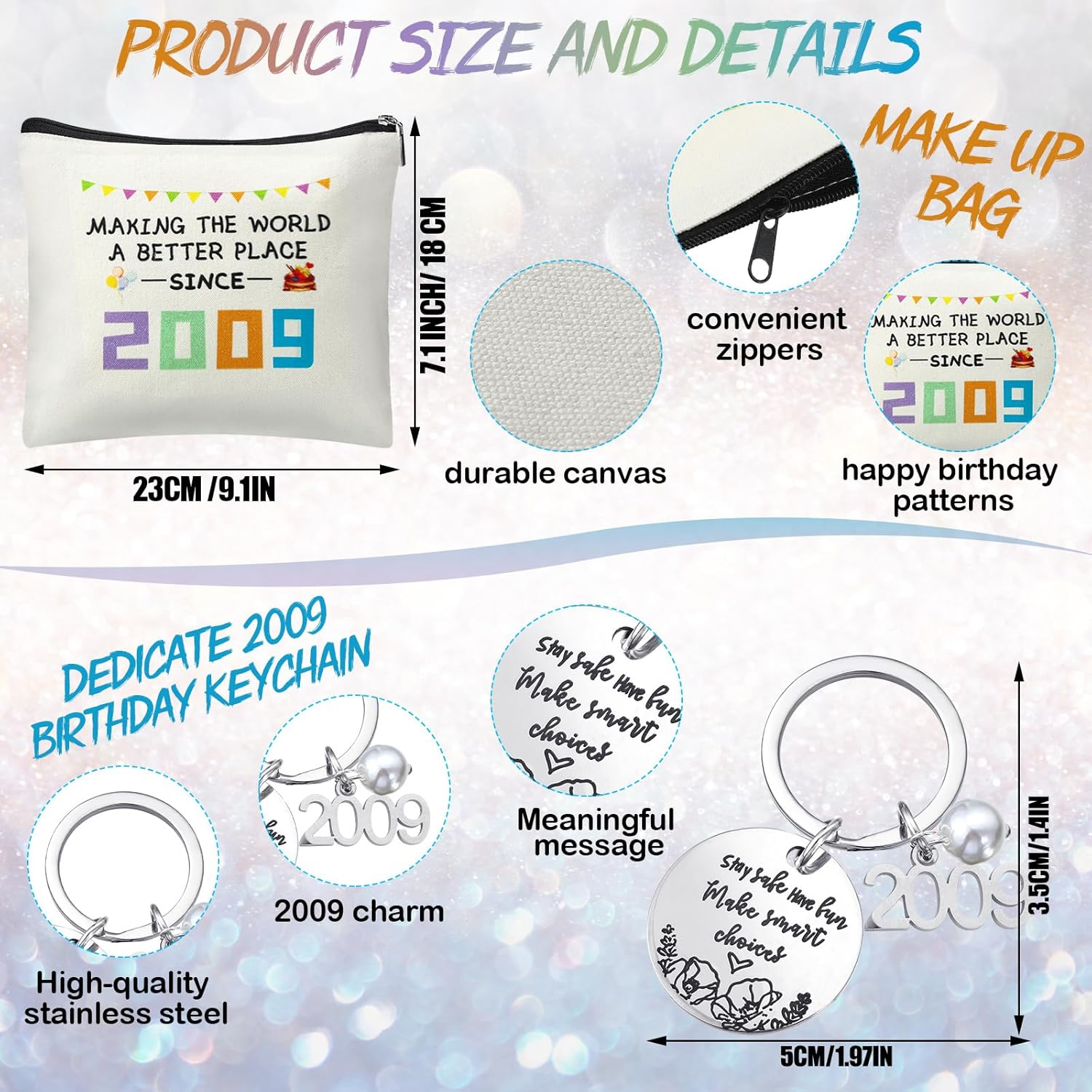 Didaey 16Th Birthday Gifts Set for Girls 2009 16 Years Old Gift, since 2009 16Th Birthday Makeup Pouch Bag 12 Oz Insulated Tumbler Stainless Steel Mirror Keychain for Bestie Daughter BFF, Multicolor image number 5