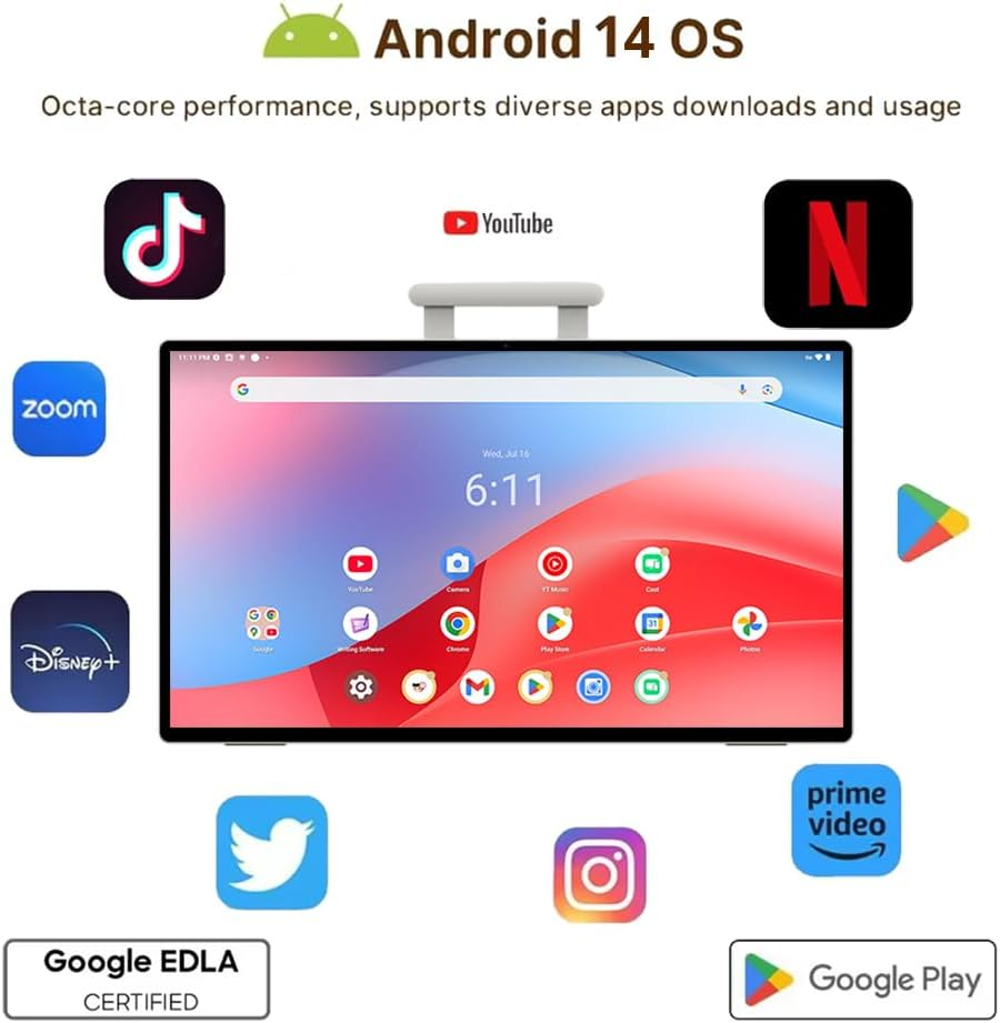 24.5-Inch 1080P IPS Android 14 Touch TV, Portable Tablet with 77.7WH Battery, 20W Speaker for Outdoor Entertainment, 8-Core CPU, 8G+128G Memory, 4K Camera Computer for Home, Education, Video Call image number 2