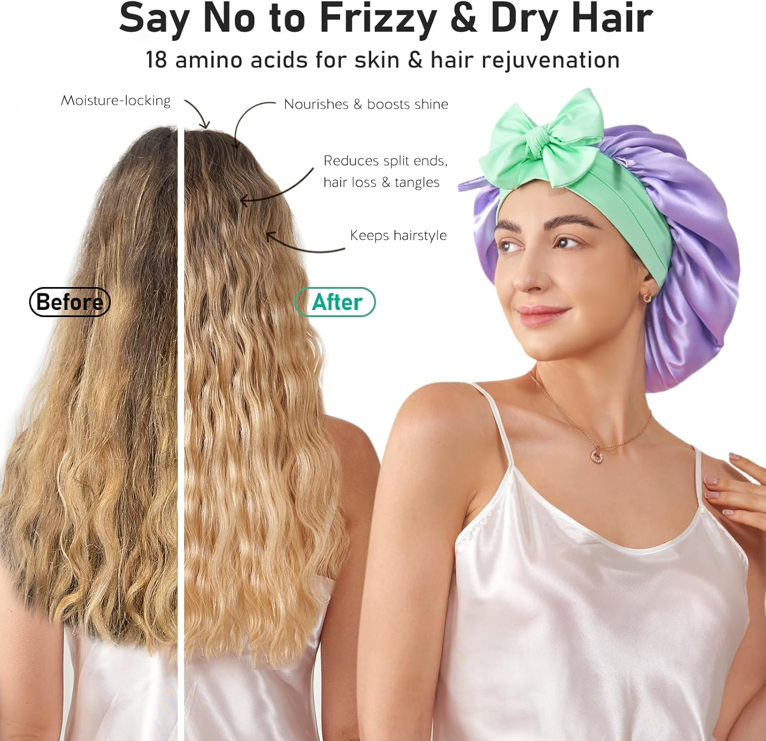 Litbear 100% Mulberry Silk Bonnet for Sleeping Women, 6A 22 Momme, Large Double-Layer Silk Hair Wrap with Tie Band, Non-Slip Turban - Purple image number 6