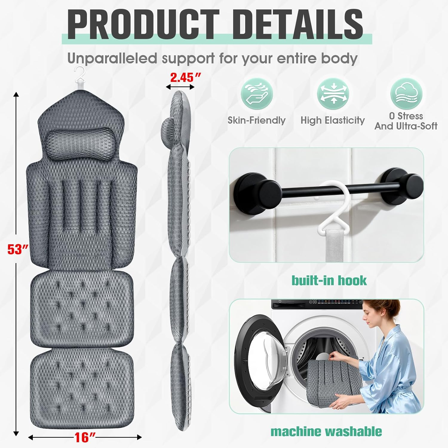 Upgraded Full Body Bath Pillow for Bathtub,Luxury Thick Bath Cushion for Soaking Tub with 192 Suction Cups,Full Body Bathtub Pillows for Head and Neck Shoulder Support,4D Air Mesh, 53" X 16" Dark Gray image number 2
