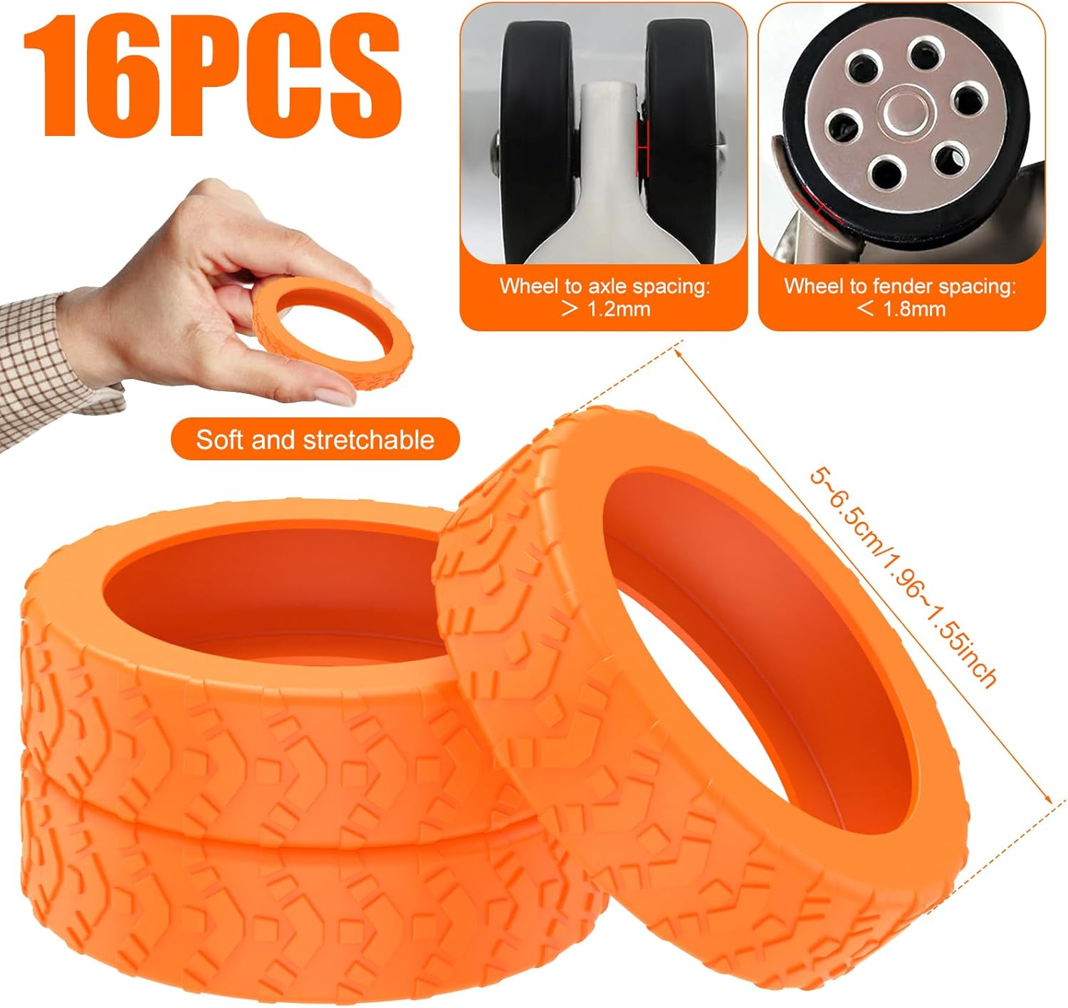 16Pcs Luggage Suitcase Wheel Cover, Carry on Silicone Luggage Wheel Protective Cover, Waterproof Chair Wheels Cover Luggage Caster Cover for 2 Wheels Luggage Suitcase (16PCS, Orange-C) image number 2