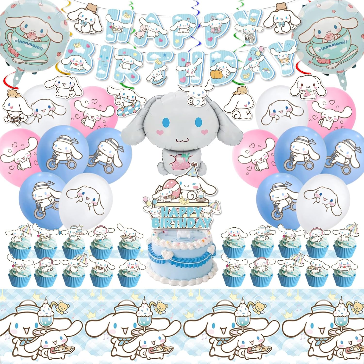 AVONO Cinnamoroll Birthday Decorations, Party Supplies Set Include Banner, Balloons, Hanging Swirls, Cake Cupcake Toppers, Tablecloth for Kids Cinnamoroll Theme Party image number 2