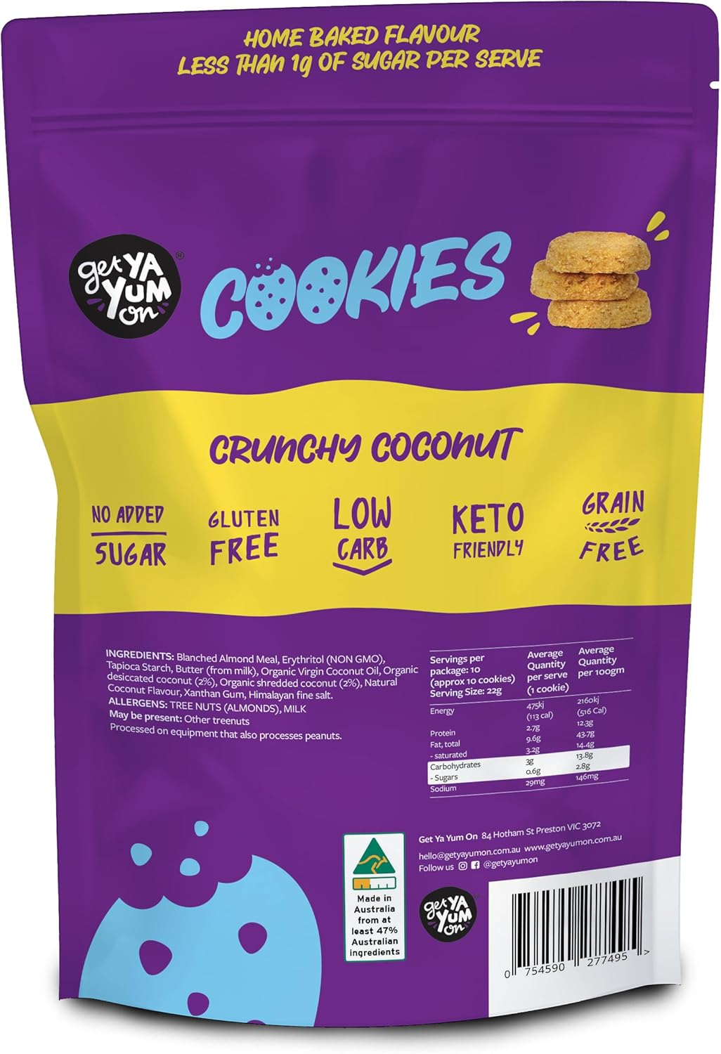 GET YA YUM on - NO-SUGAR-ADDED CRUNCHY COCONUT COOKIES- GLUTEN FREE, LOW CARB, HOMEBAKED BUTTERY FLAVOUR! 220G image number 2