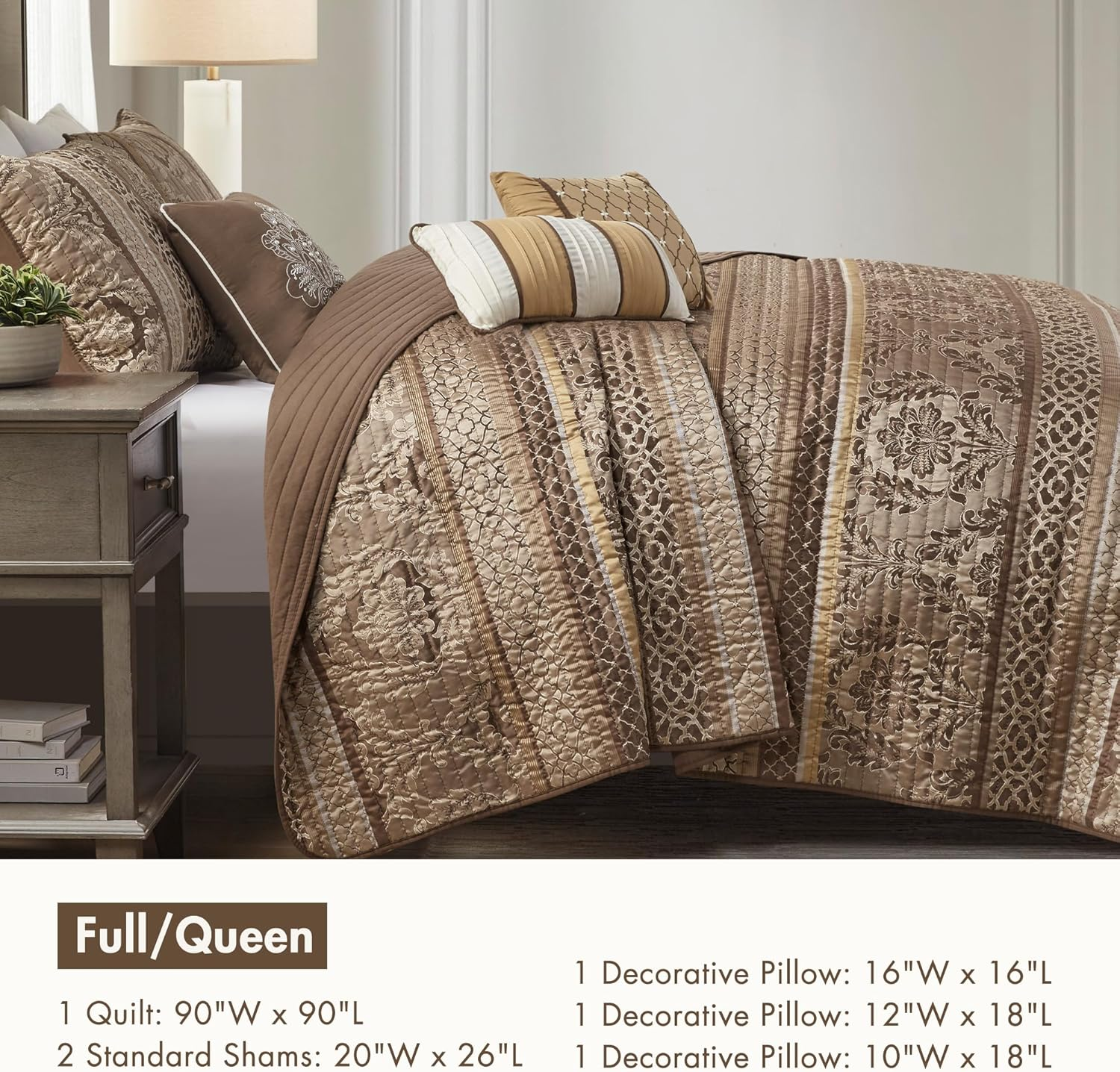Madison Park Bellagio 6 Piece Quilted Coverlet Set, Full/Queen, Brown/Gold - Full/Queen image number 1