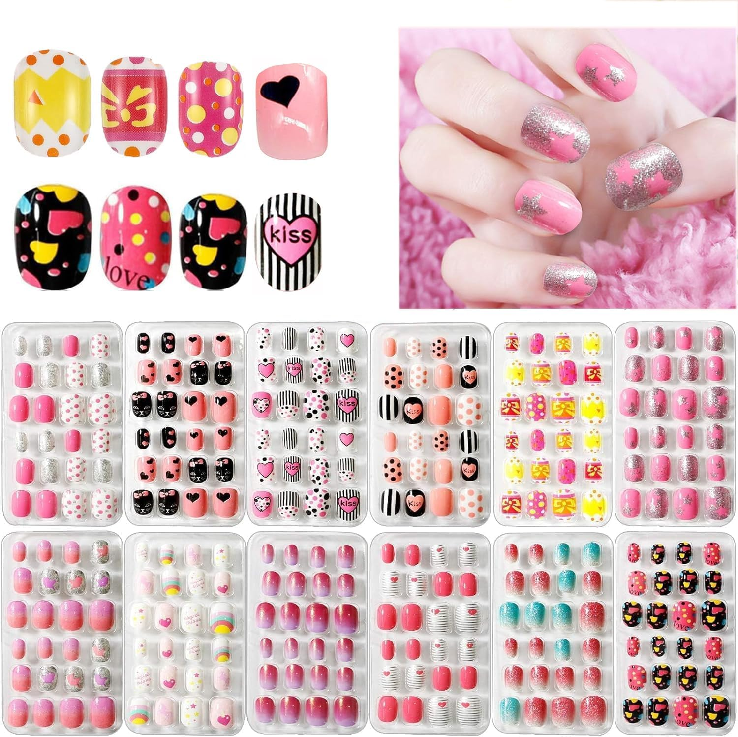 288 Pieces Press on Nails Kids, EBANKU Girls Fake Nail False Nail Tips Pre-Glue Full Cover Candy Pattern Short False Nail Kits with 48PCS Nail Adhesive Tabs for Kids Girls Lovely Gift