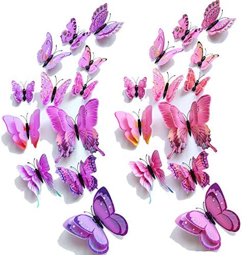 24 Pack 3D Nursery Wall Stickers【Double Wings】 T Tersely Butterfly Wall Removable Sticker Decals, Home Decoration Wall Stickers for Home Decor Art Kids Room Bedroom (Purple+Pink) image number 2