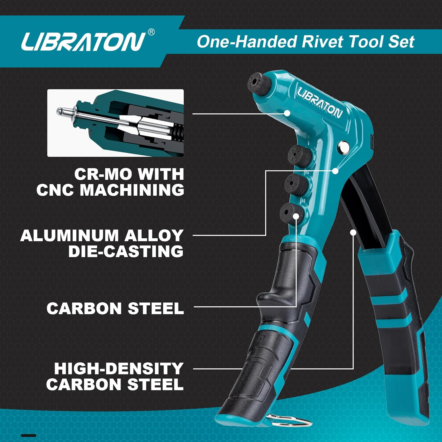 LIBRATON One-Handed Rivet Gun, Pop Rivet Gun Set, Professional Hand Riveter, Manual Riveting Tool with 200 Rivets for Metal, Includes 4 Drill Bits, 4 Tool-Free Interchangeable Heads, Storage Case image number 1
