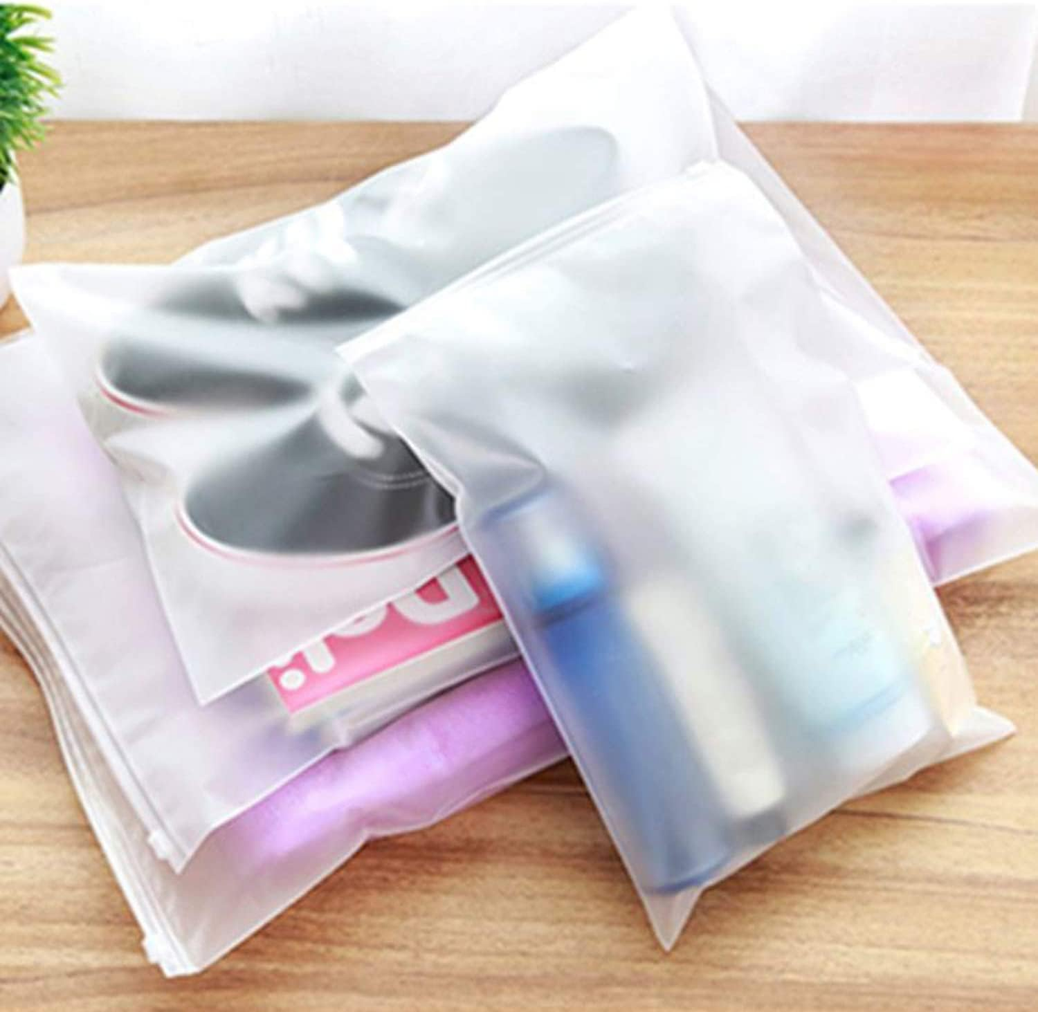 GQC 16 Pcs Frosted Resealable Bag Plastic Zip-Lock Seal Clothes Bags Travel Space Saver Storage Waterproof Luggage Organiser Pouch for Clothes Garment School Trip (5 Size Mixing)