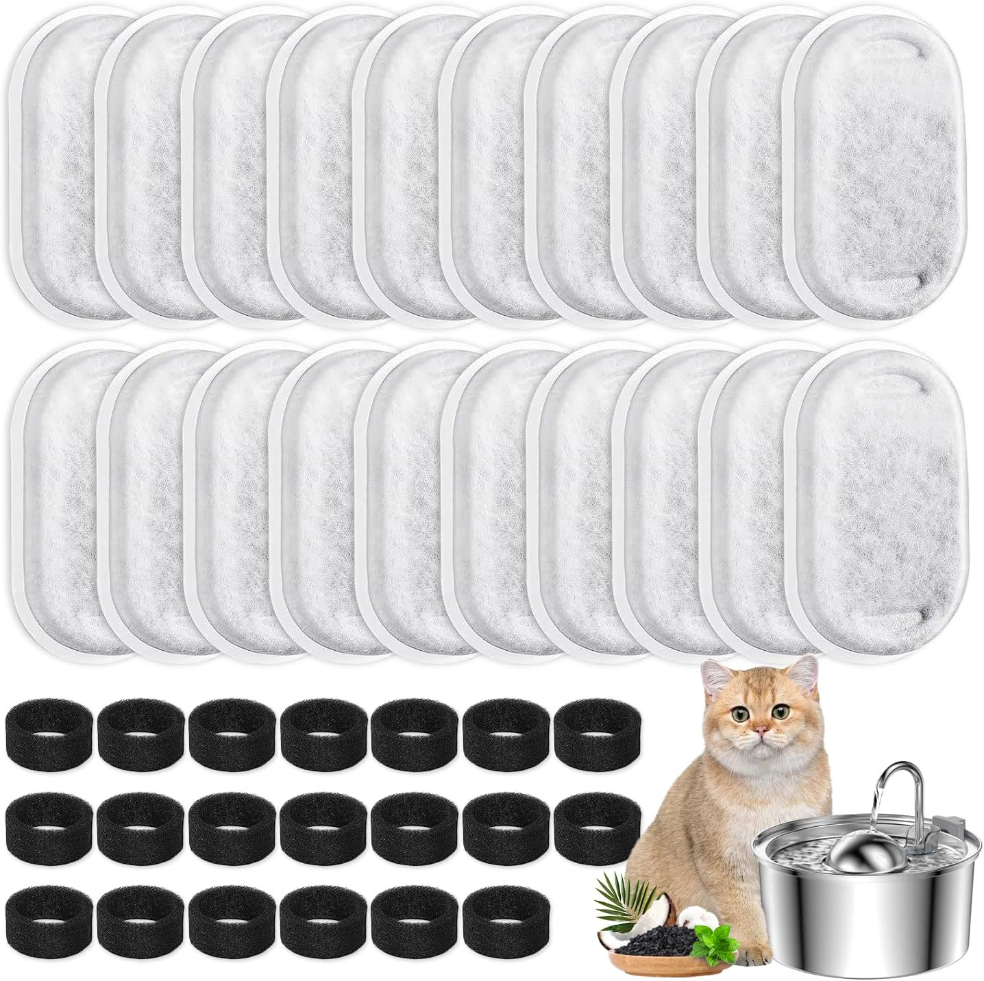 Sonicefit 40Pcs Cat Water Fountain Filters Replacement, Automatic Pet Water Dispenser Filter for Stainless Steel 108Oz/3.2L & 67Oz/2L Fountain, 9 Months Set Replacement Filters Pre-Filter Sponges